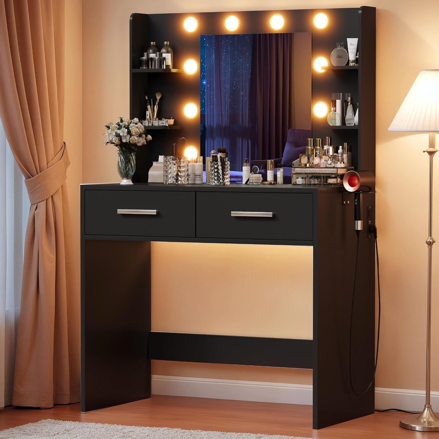 YESHOMY Vanity Desk with Mirror, Makeup Table with 2 Large Drawers, Power Outlet and Round Holder, 3 Color Modes Adjustable Bulb, Easy to Assemble, Pure Black