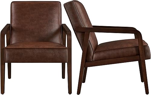 Miniatura 12 de Topeakmart Silla decorativa de piel sintética, sillón moderno y de mediados de siglo con patas de madera y acolchado suave para sala de estar,