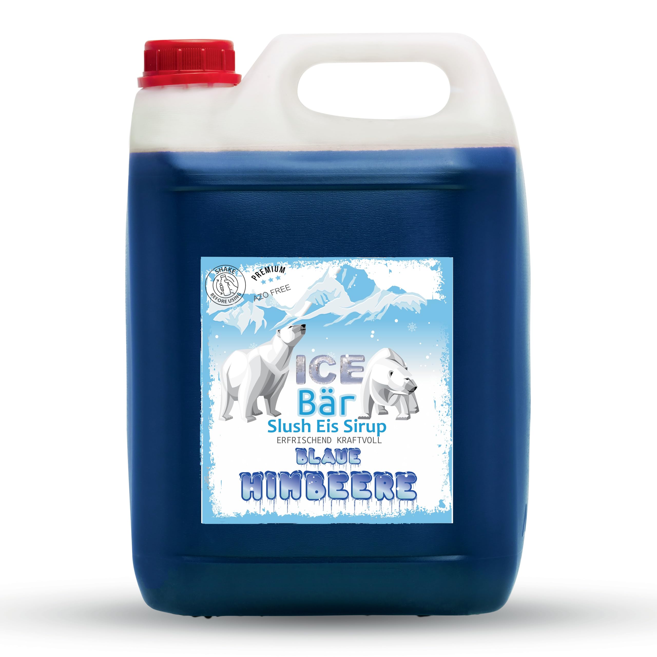 ICE Bär Slush Konzentrat Geschmack: Blaue Himbeere Blau 5 L | Ergibt 30–36 L Slush | Glycerinfrei & AZO-frei | Fertigmix ohne Zuckerzusatz | Sirup für Slushmaschine & Frozen Drinks | Made in Germany