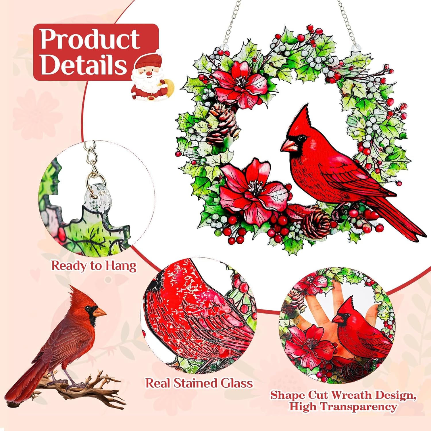 Cardinal Stained Glass Window Hanging, Renyalora 10 Inch Red Cardinal Bird Wreath Suncatcher with Flowers & Pinecones, Real Glass Window Decor Gift for Bird Lovers Mom Women Home Garden