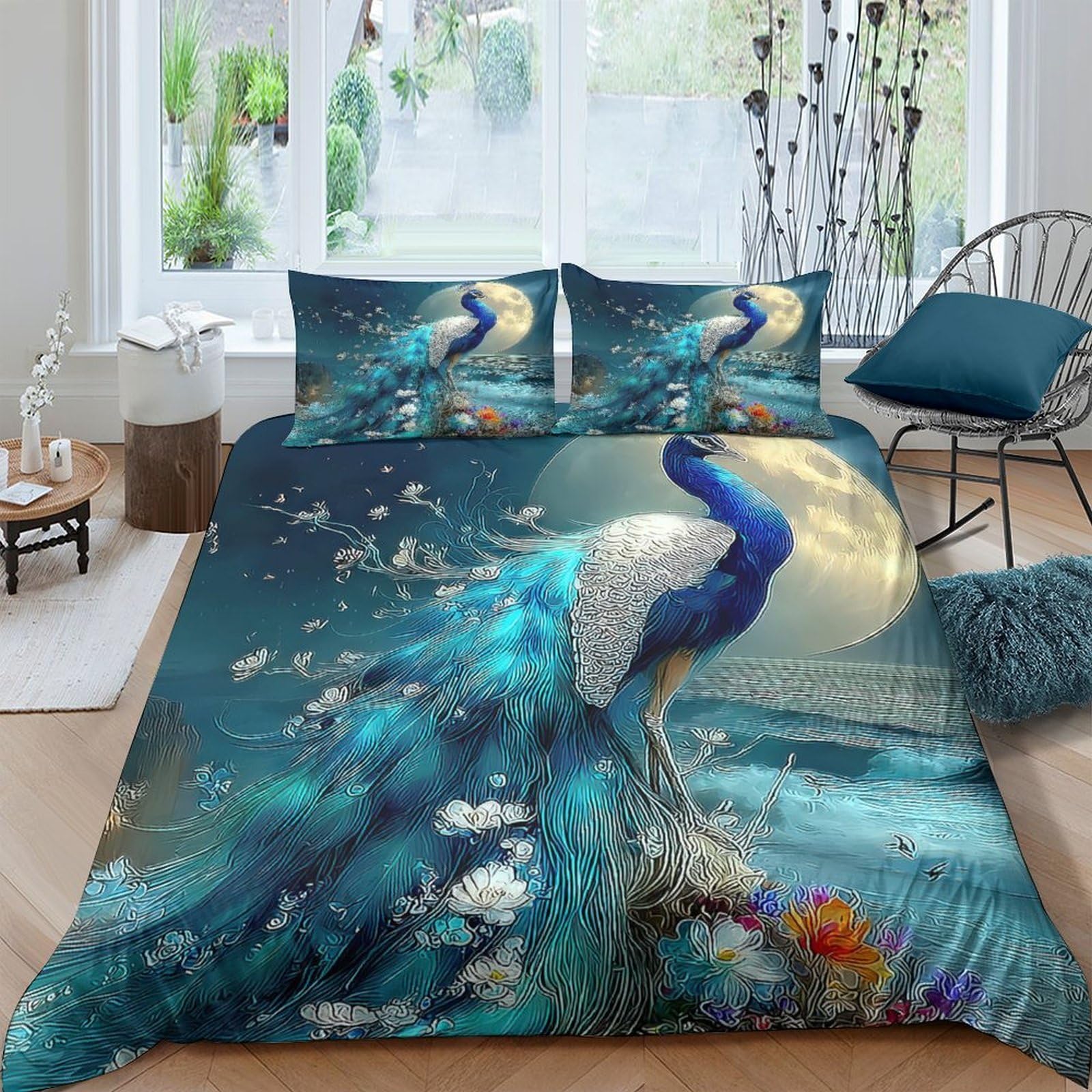 Ctjqhvkz Style-10 3D Printed Moonlight Peacock Fitted Sheet Microfiber Soft Decor Mattress Cover Bedroom Dorm Artistic Bedding Single（135X200cm）