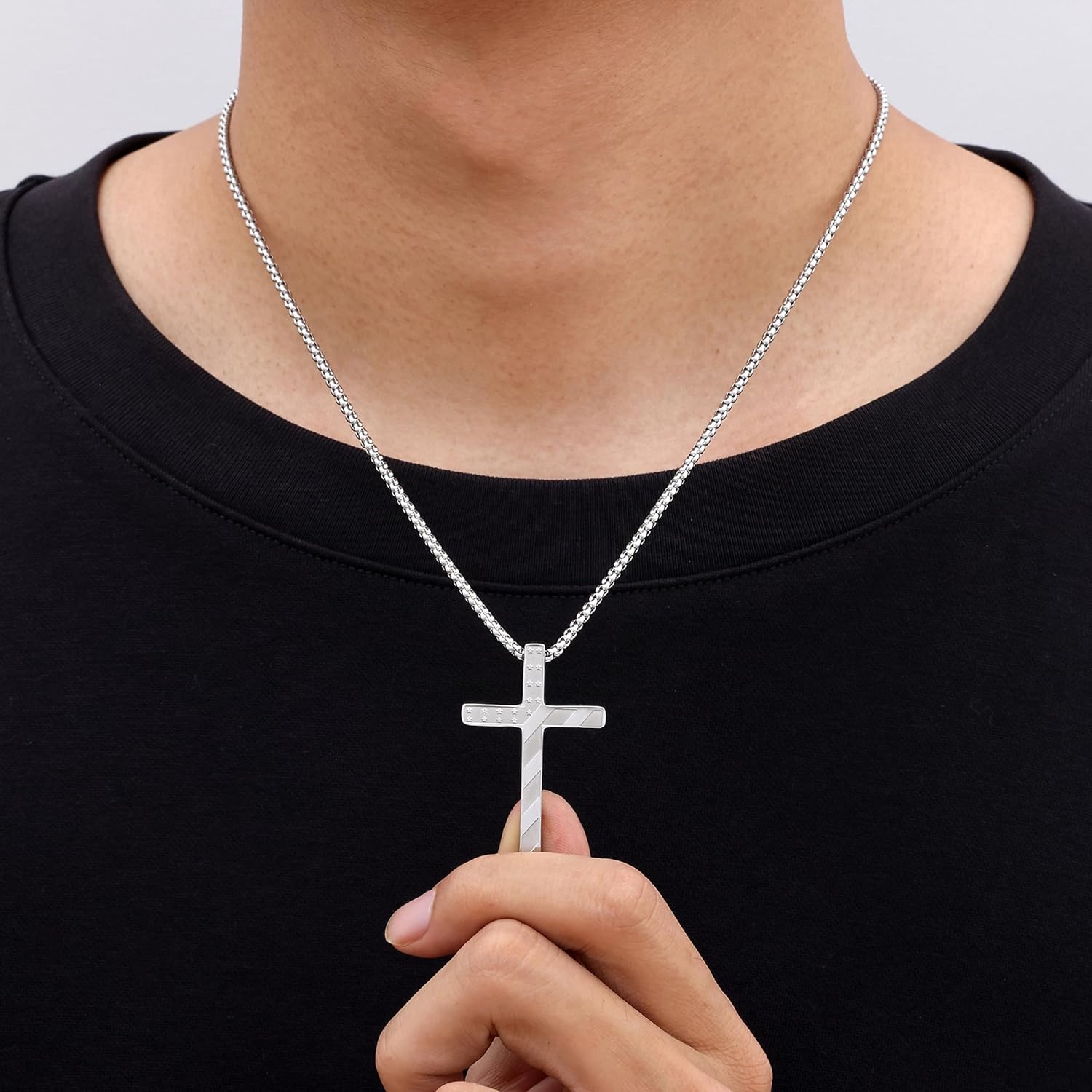 Fiusem Cross Necklace for Men, Inspirational Bible Verse American Flag Cross Chain, Stainless Steel Mens Necklace, Jewelry Gift Box Chain Pendant 18-24 Inch - Image 2