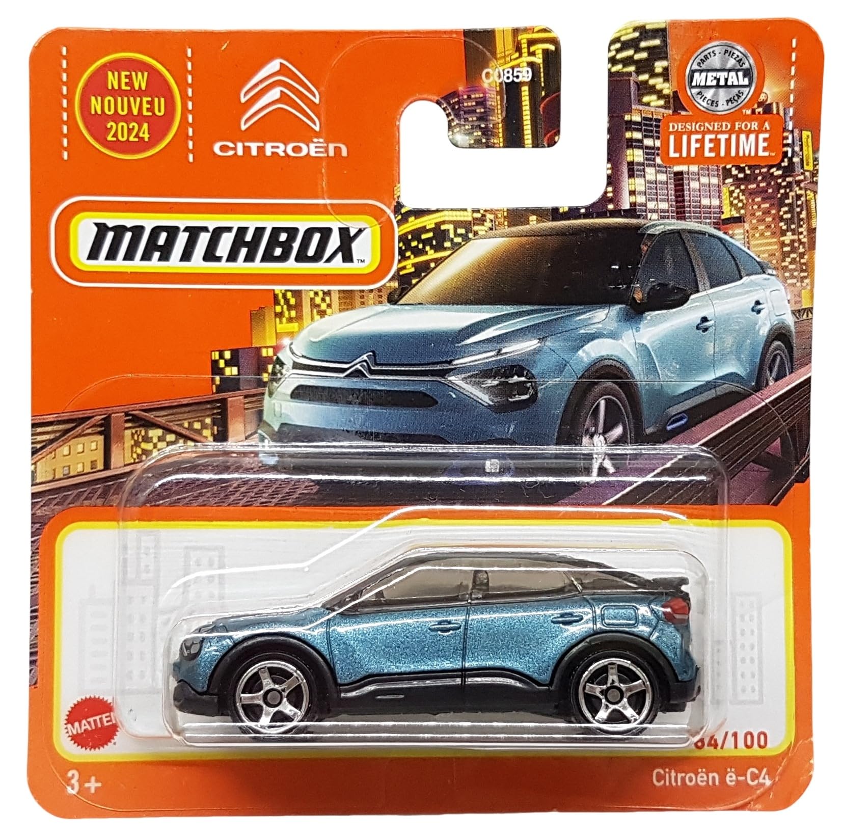Matchbox – Citroén é-C4 – MBX Metro 84/100 – HVN27 – Short Card – Blu metallizzato – Superfast Lesney – Mattel 2024 – 1:64