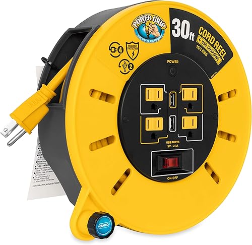 Camco Carrete de cable de extensión RV de 30 pies y 10 amperios, clasificado para 125 V1,250 W, cuenta con 4 tomas eléctricas de 125 V y 2 puertos