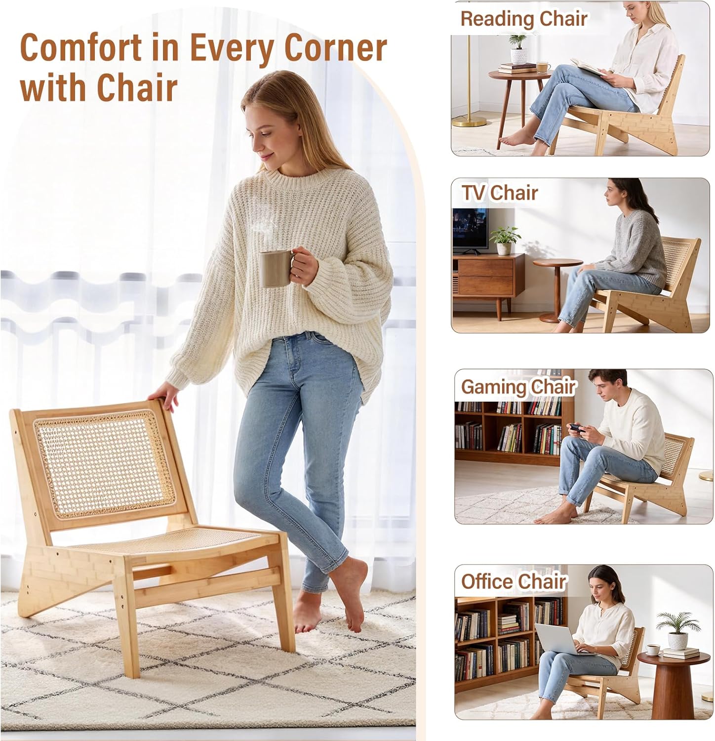 Mid Century Modern Accent Chair Set of 2 for Living Room, Low Armless Lounge Chair with Solid Wood Frame, Comfy Armchair for Bedroom and Balcony, Wood