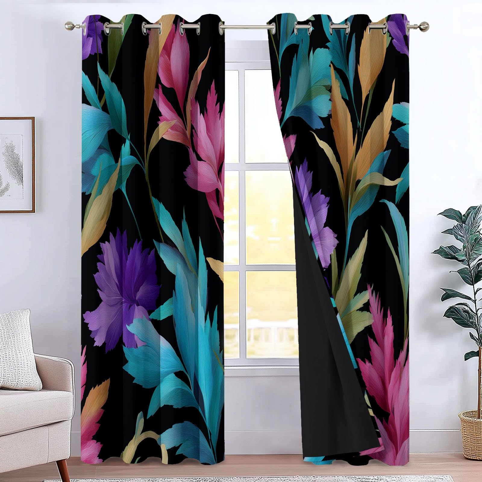 Tende Oscuranti per Interni Piante E Fiori, 70x160 cm (LxA) 2 Pezzi Termica Isolante Poliestere Nero Tenda della Finestra per Soggiorno Camera da Letto Cucina Cameretta Bambina