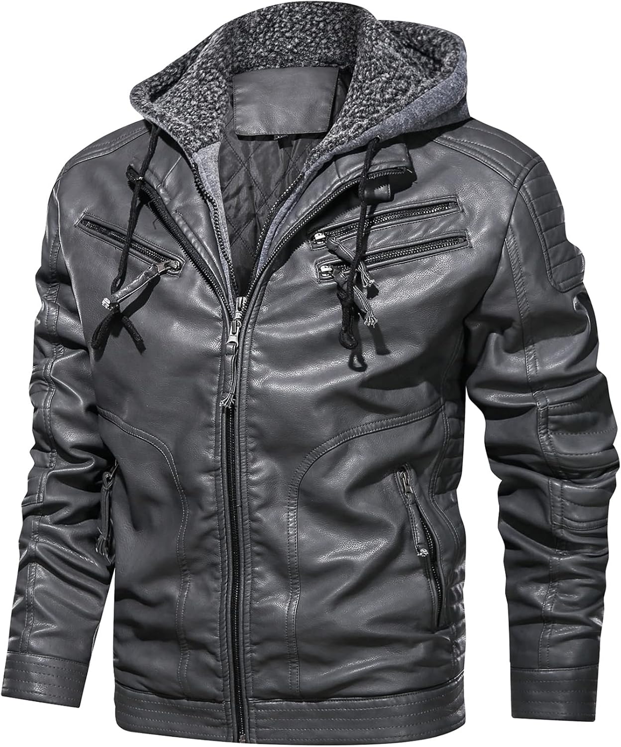 جاكيت بومبر للرجال من الجلد الصناعي بلون اسود دافئ مع غطاء رأس... - view 2