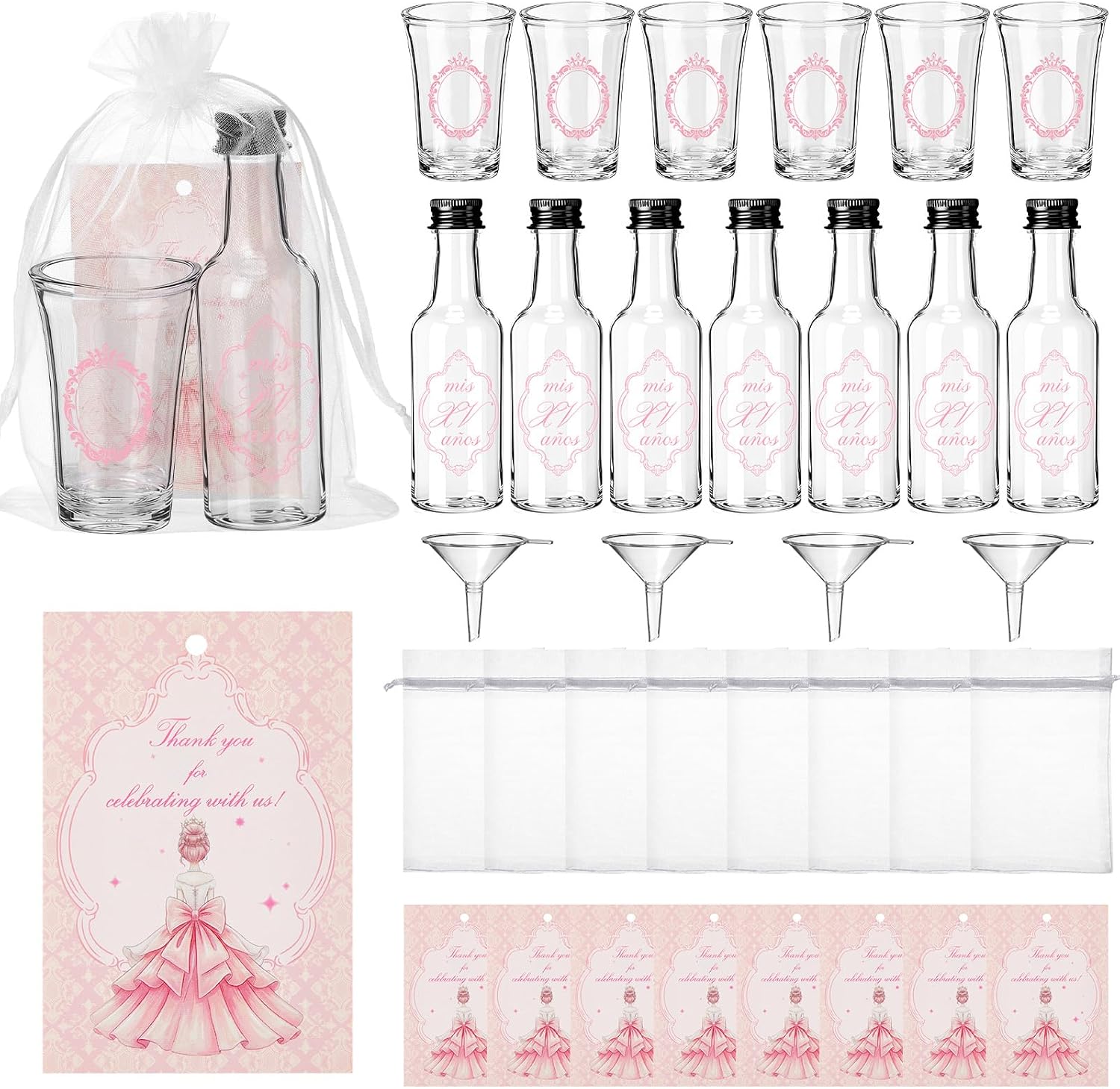 24 Set Quinceanera Party Favors for Guests Include Añera Clear Shot Glasses Plastic Empty Bottle Thank You Card Organza Bag and Funnel for Sweet 15 Birthday Party Supplies(Pink)