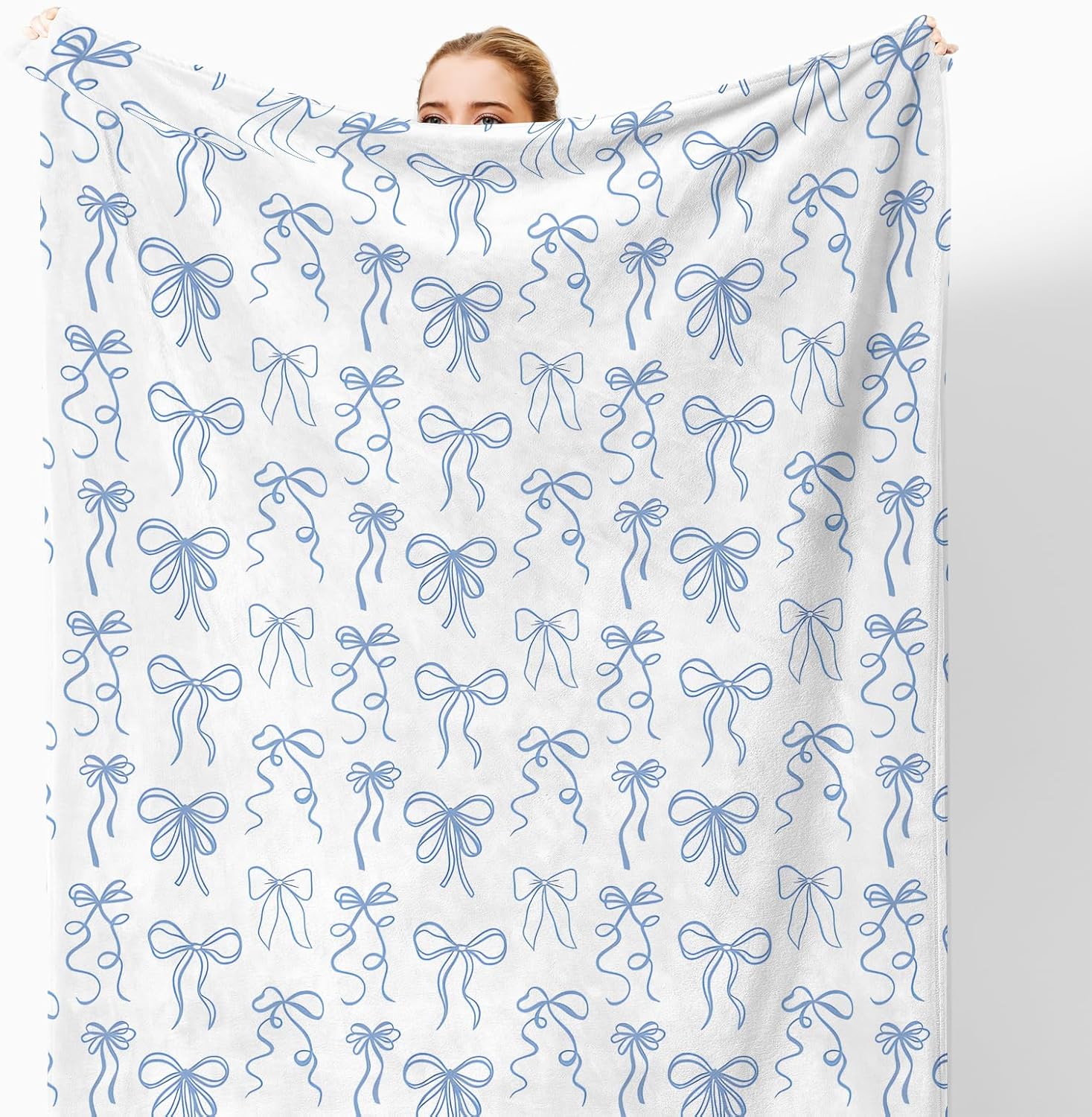 Blue Bow Throw Blanket for Couch, Girly Room Decor Aesthetic, Coquette Blue Ribbon Bow Throw Blanket for Girls Bedroom Dorm Living Room Home Decoration, 50x60 Inches
