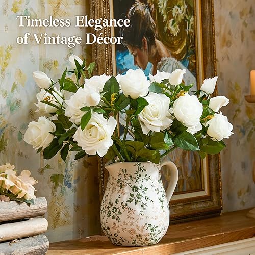Miniatura 4 de Jarrón floral de cerámica verde y blanco con asa, jarrón rústico de granja, florero floral chinoiserie para decoración del hogar, sala de estar,