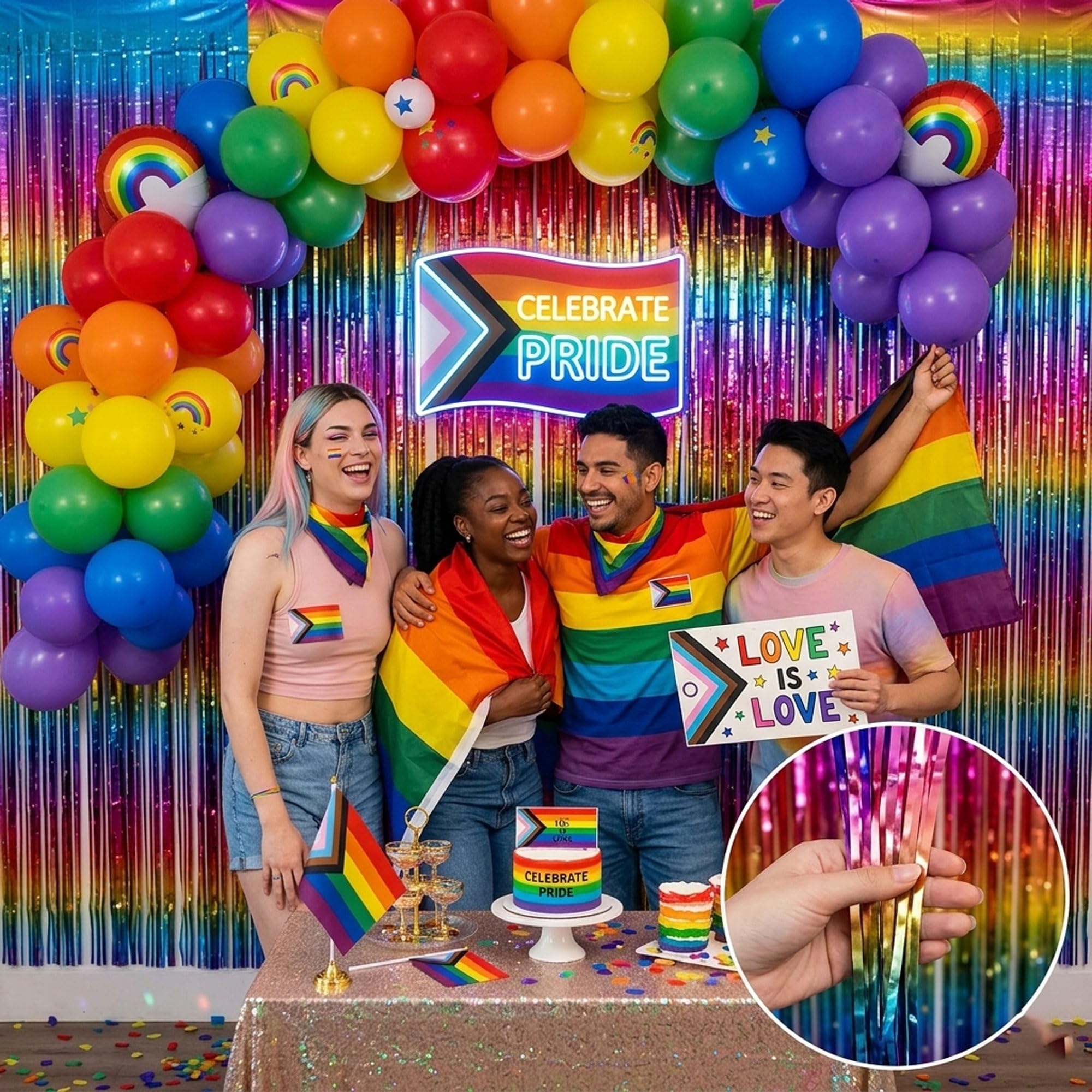 Paquete de 4 cortinas de flecos de papel de aluminio arcoíris brillante, telón de fondo metálico para cabina de fotos, accesorios para cumpleaños, despedida de soltera, día del orgullo gay,