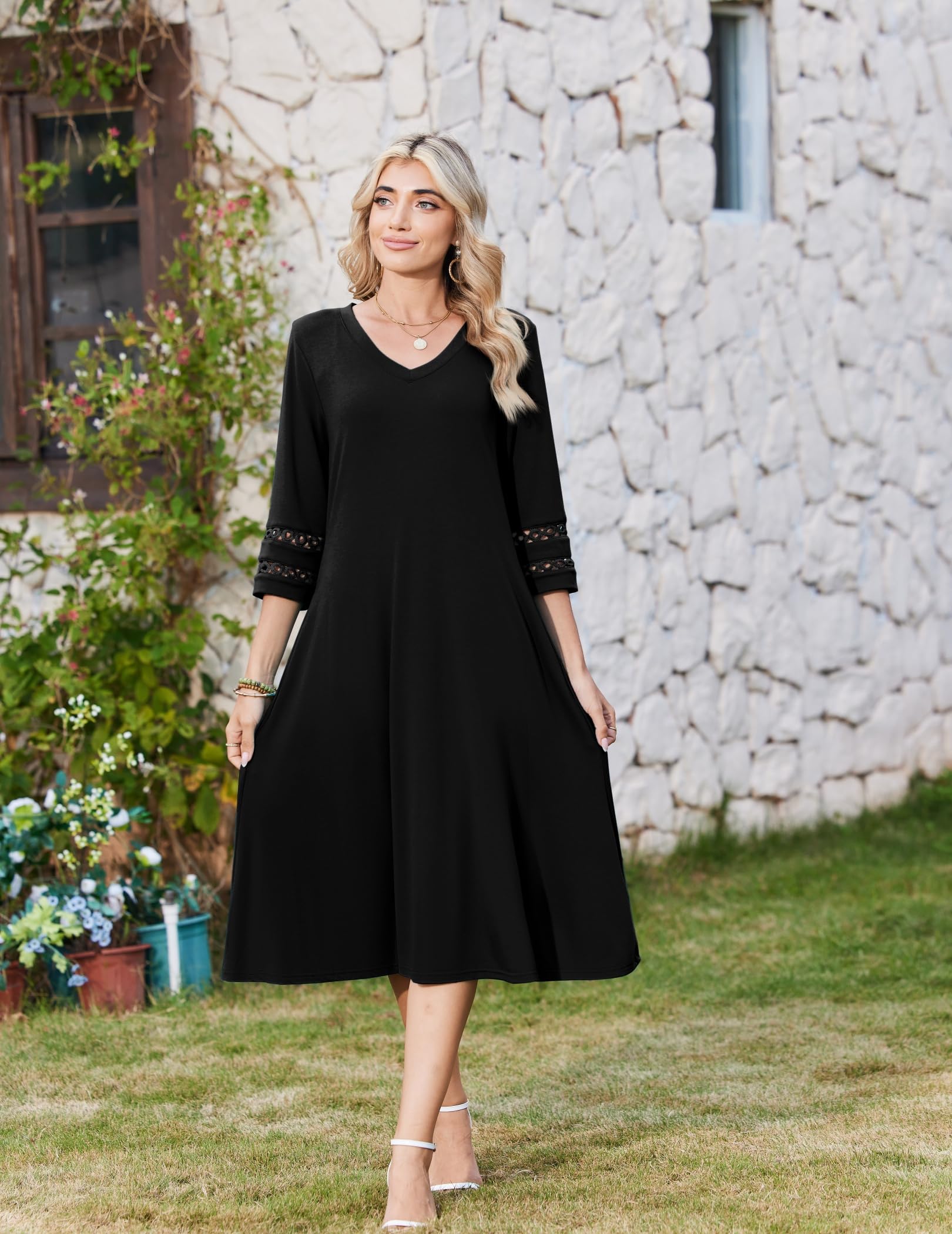 Zeagoo Letnia sukienka damska, elegancka, rękaw 3/4, sukienka midi, koronkowe rękawy, sukienka tunika, sukienka z kieszeniami, dekolt w serek, sukienka na czas wolny