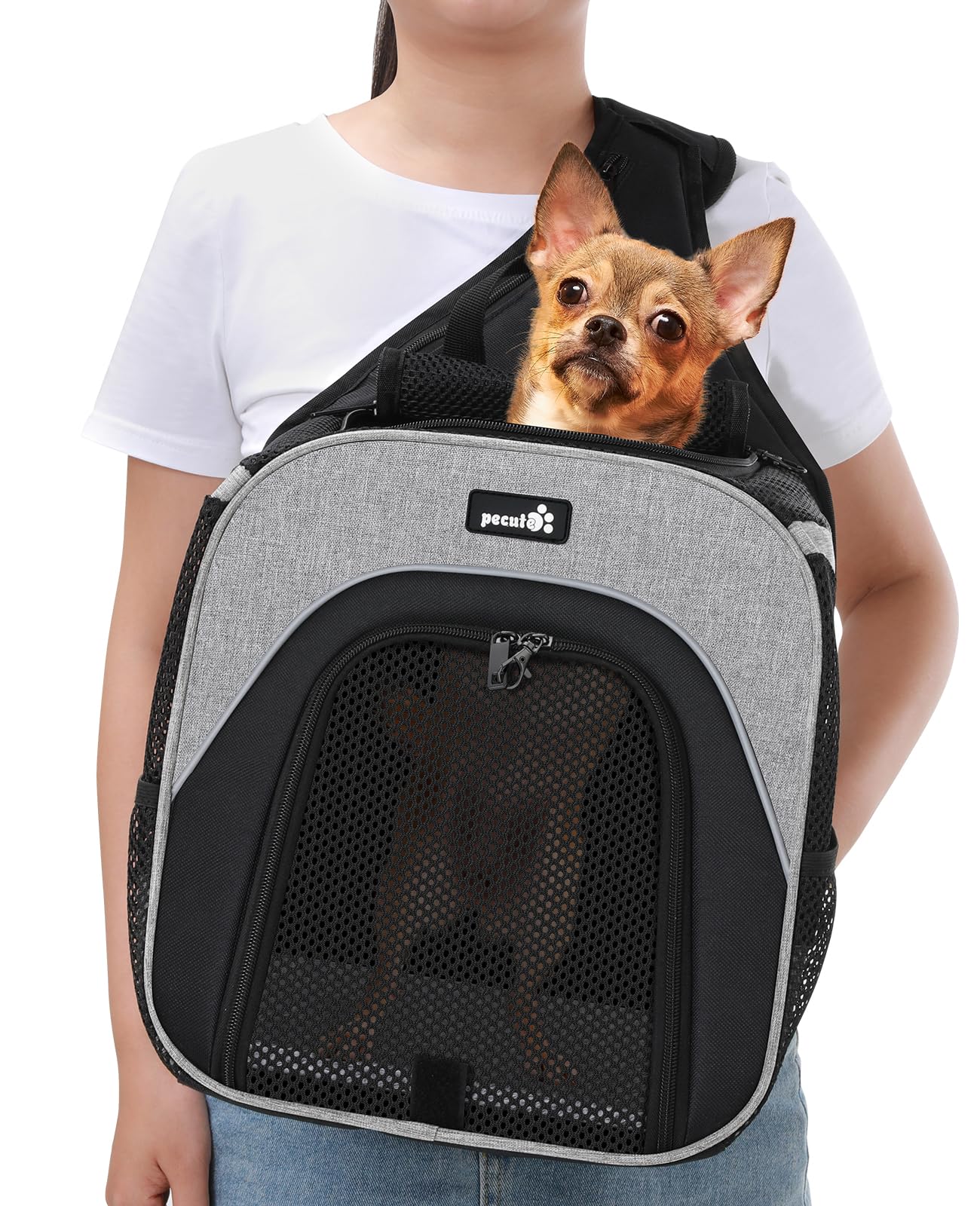 Pecute Bolsa Frontal para Mascotas Pequeño Ajustable, Mochila para Gato Portátil y Transpirable, Mochila para Perro Pequeño con Ventana de Malla, Ideal para Viajes Senderismo Camping al Aire Libre