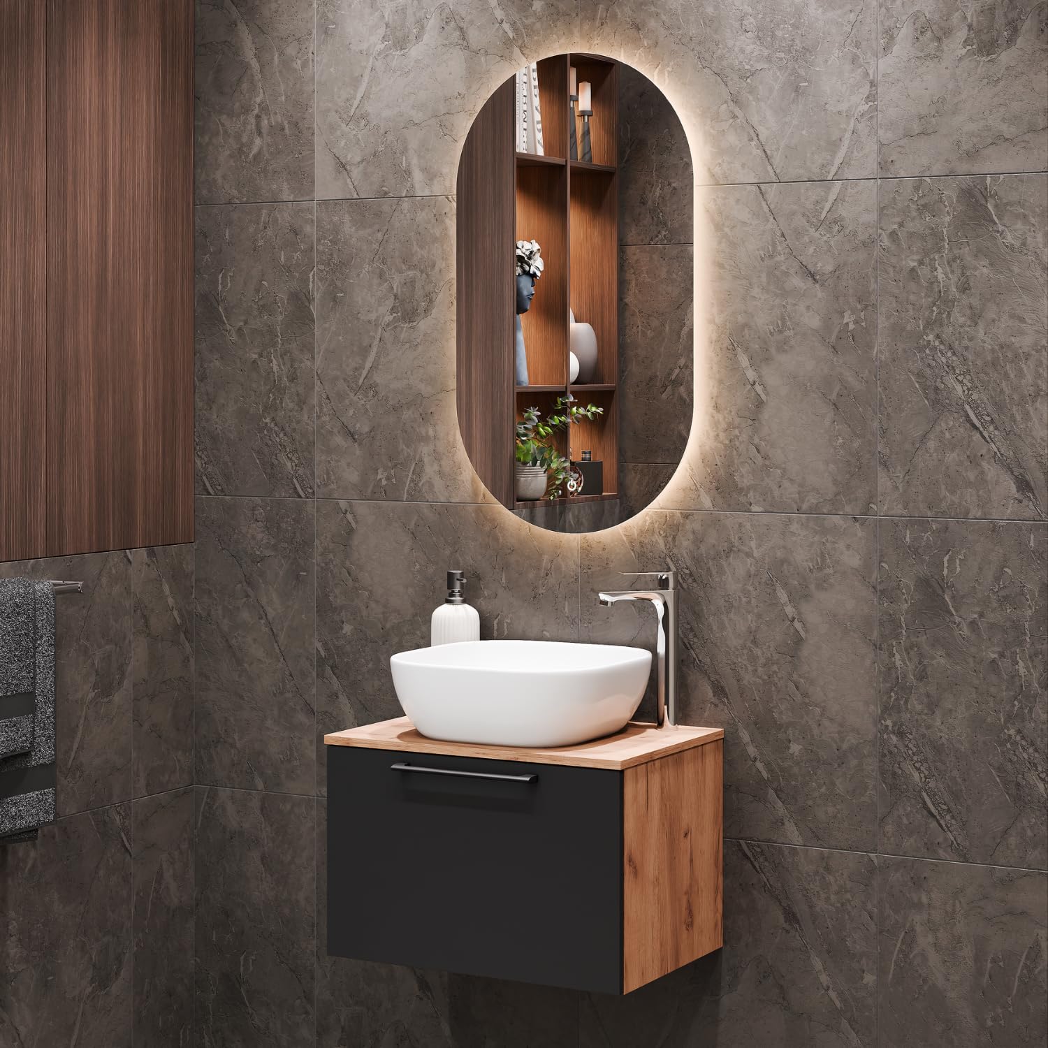 Set Mobili Bagno Planetm&ouml;bel Astra Con Lavabo 60 Cm, 2 Armadietti, Specchio LED - Rovere Antracite E Oro