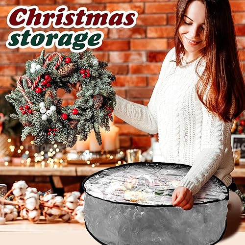 Vista 29 de Dunzy 8 contenedores de corona de Navidad, bolsa de almacenamiento de guirnalda resistente a desgarros, cajas redondas con ventana transparente