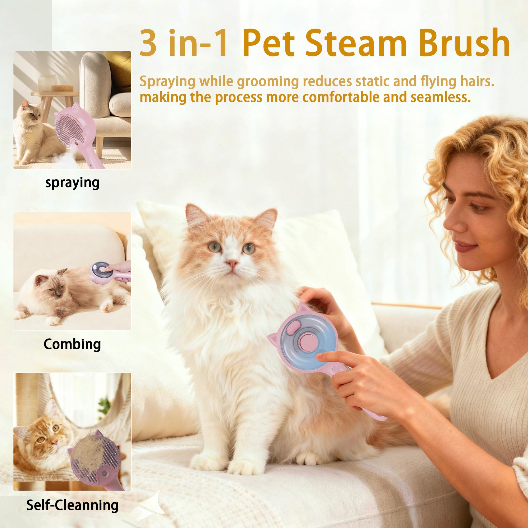Haustier-Dampfbürste für Katzen und Hunde, 3-in-1-Pflegekamm, reduziert Haarausfall, weiche Borsten, fördert gesundes Fell, inklusive wasserlosem Shampoo, Rosa