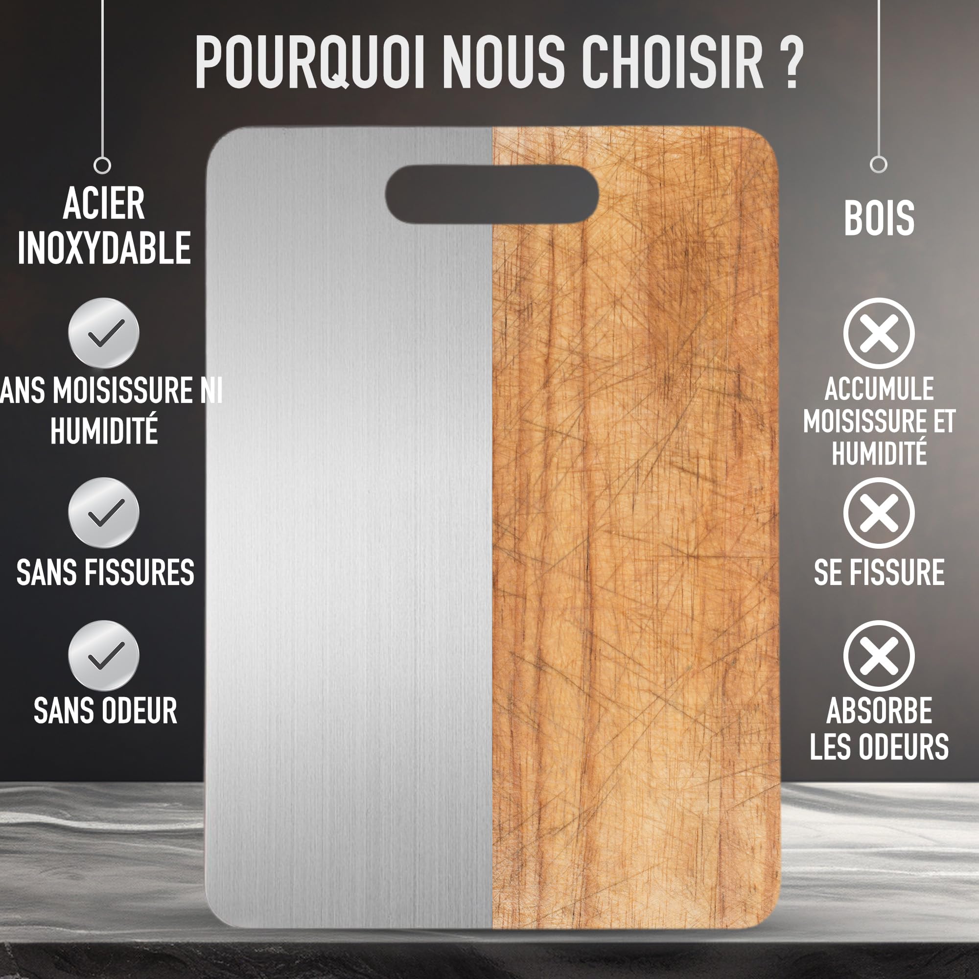 PACK 3 Planche à Découper en Acier Inoxydable SUS316/SUS304 avec Revêtement Titane + Crochets et Chiffons de Nettoyage - Antibacterien, Reversible et Resistant | 3-Stars