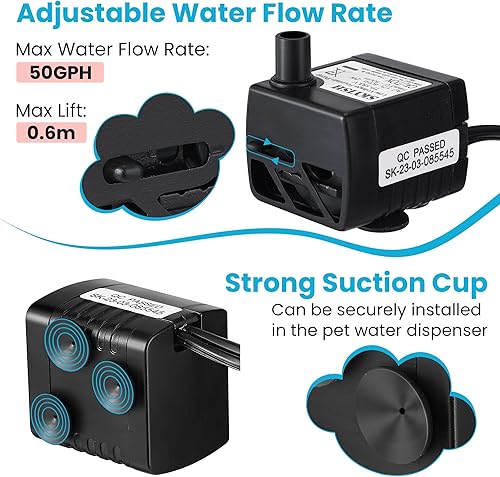 Miniatura 6 de Dreyoo Bomba de fuente de agua para mascotas compatible con la fuente PioneerPet Smartcat, 50 GPH 2W de repuesto de bomba de agua para gatos con kit