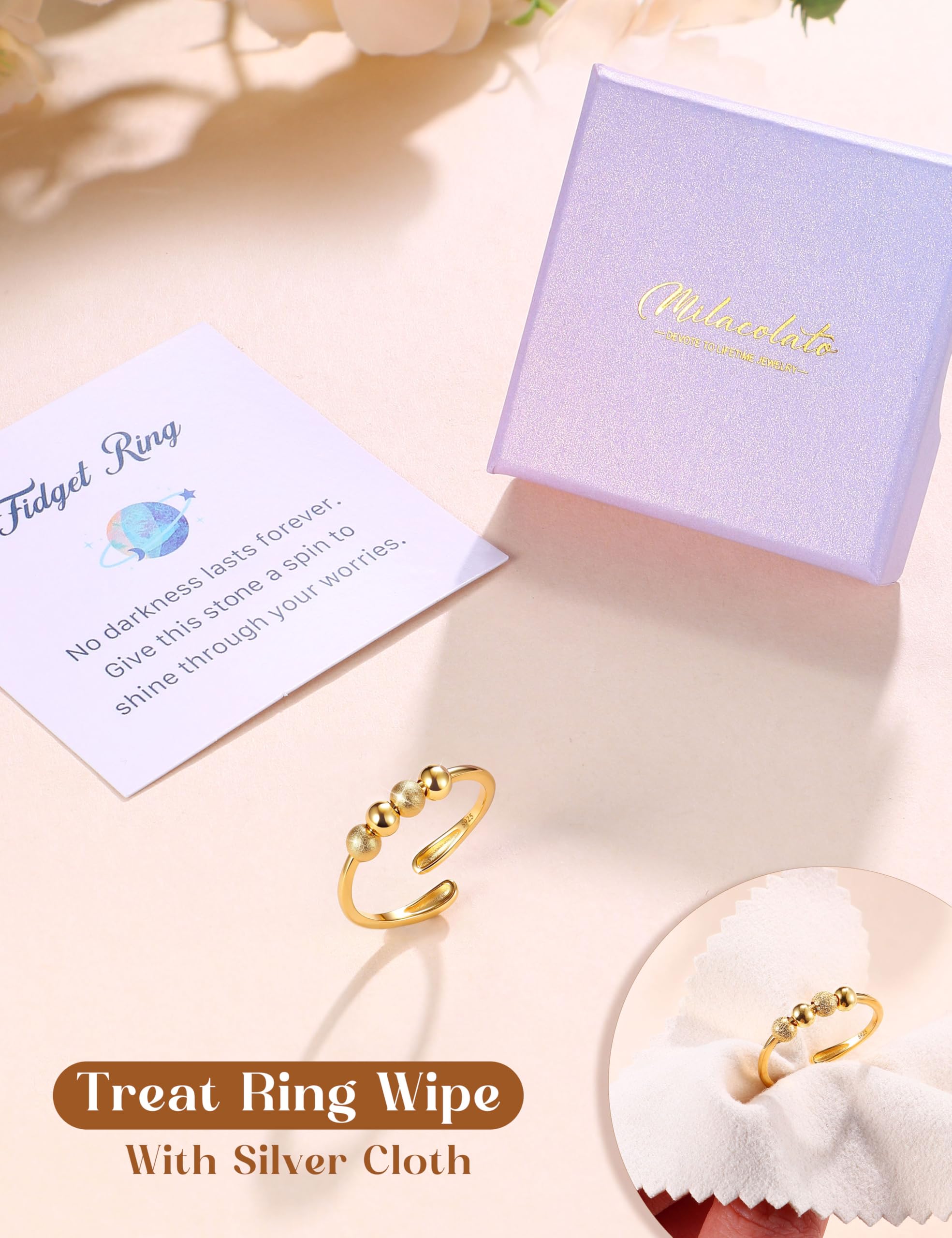Feng Shui， Anillo antiestrés para Mujer de Plata de Ley 925, Anillo Ajustable para ansiedad con Cuentas, Anillos giratorios para ansiedad, niñas, Oro, Plata, Anillos para aliviar el estrés, Regalos