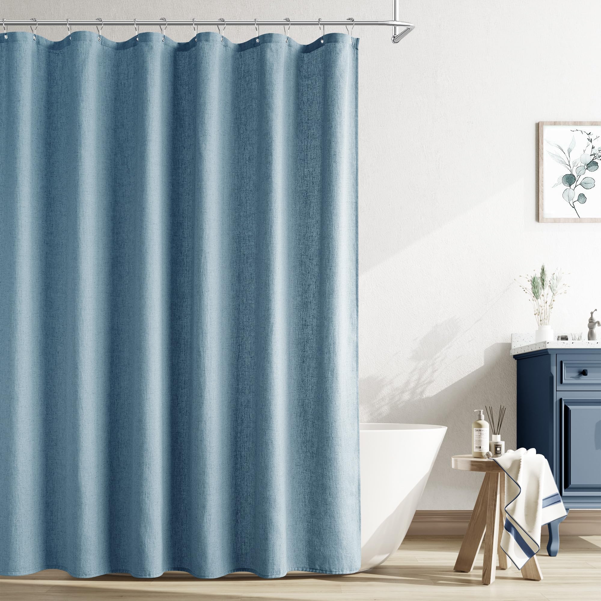 Naturoom Linen Shower Curtain 80 Inch Long for Bathroom Blue 1 Panel