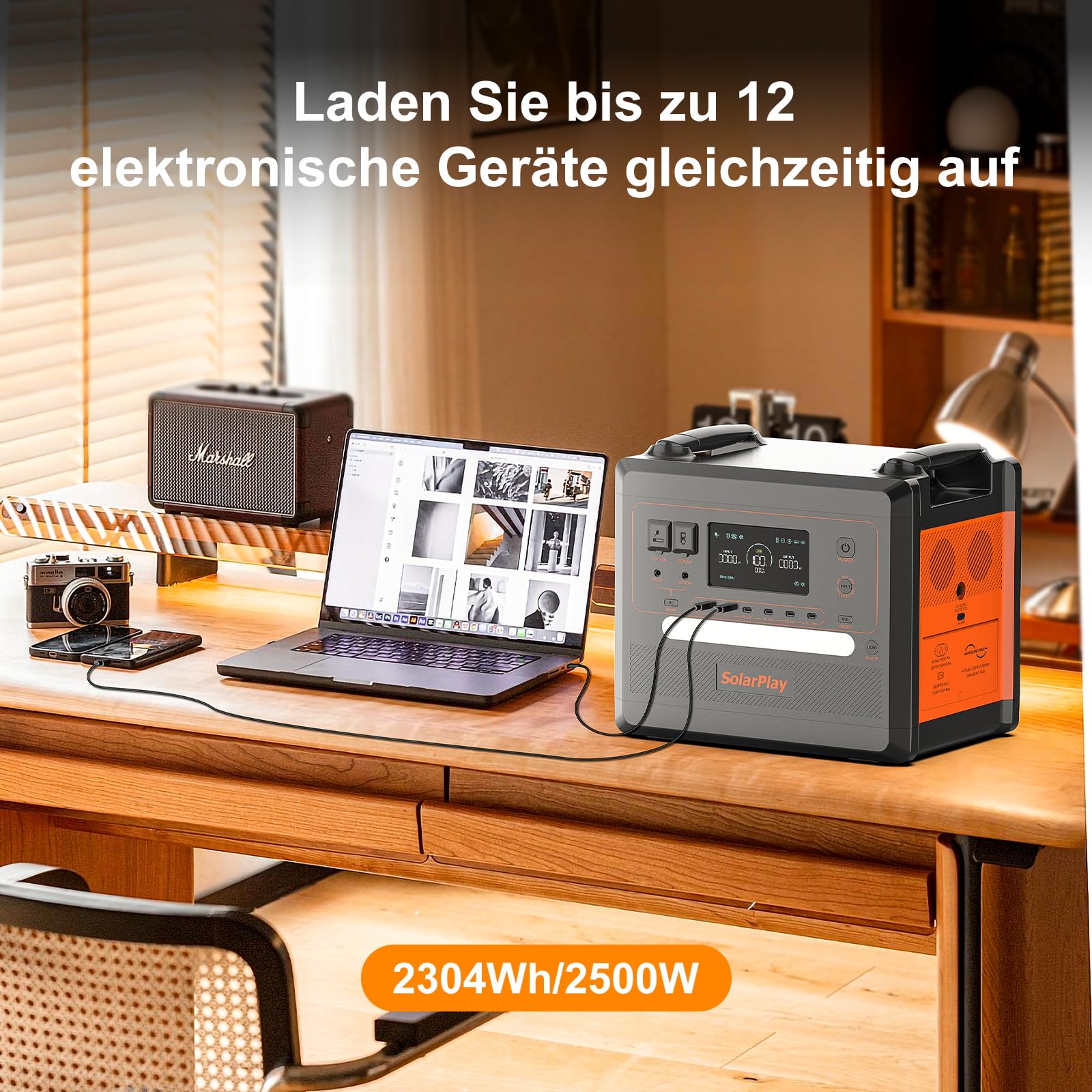 SOLARPLAY Station Electrique Portable 2500w, 2300wh Générateur Solaire avec LiFePO4 Batterie, 12 Ports Sortie, Power Station pour Camping-Cars, Voyages, Domestique,Emergency (2500W+200Wparts)