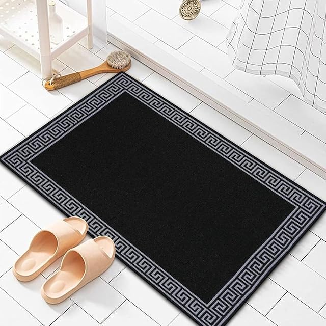 Prime Linens Super Absorbent Door Mat Non Slip - Heavy Duty Washable Doormats Floor Mats For Kitchen Office Chair Front Door Matt Indoor Outdoor | 40 X 60 cm - Greekey Black & Grey
