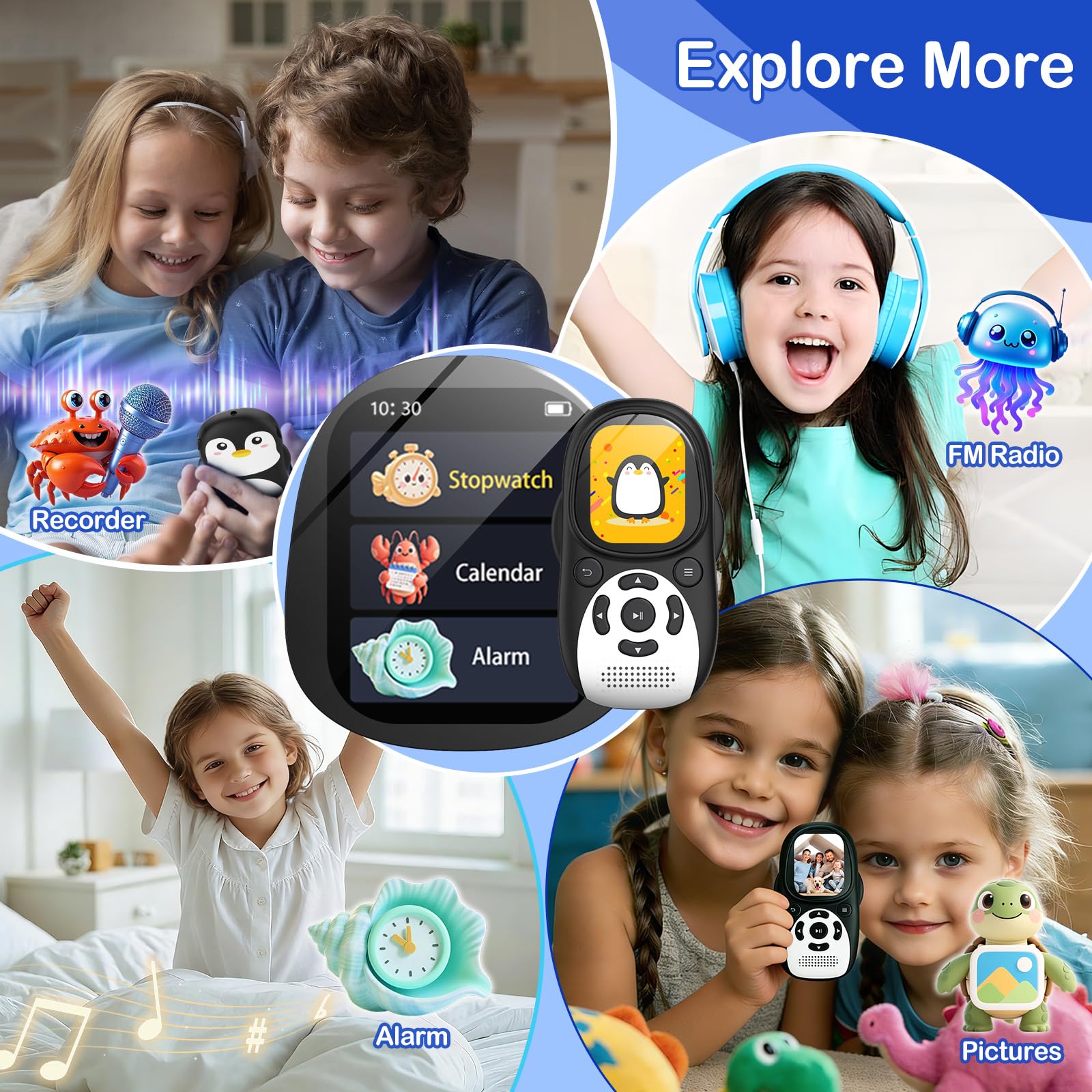 64GB MP3 Player Kinder, Bluetooth 5.3 Lautsprecher Pinguin Design Tragbarer Musikplayer mit 2" IPS Bildschirm, FM Radio, Sprachrecorder, Wecker, 128GB Erweiterbar