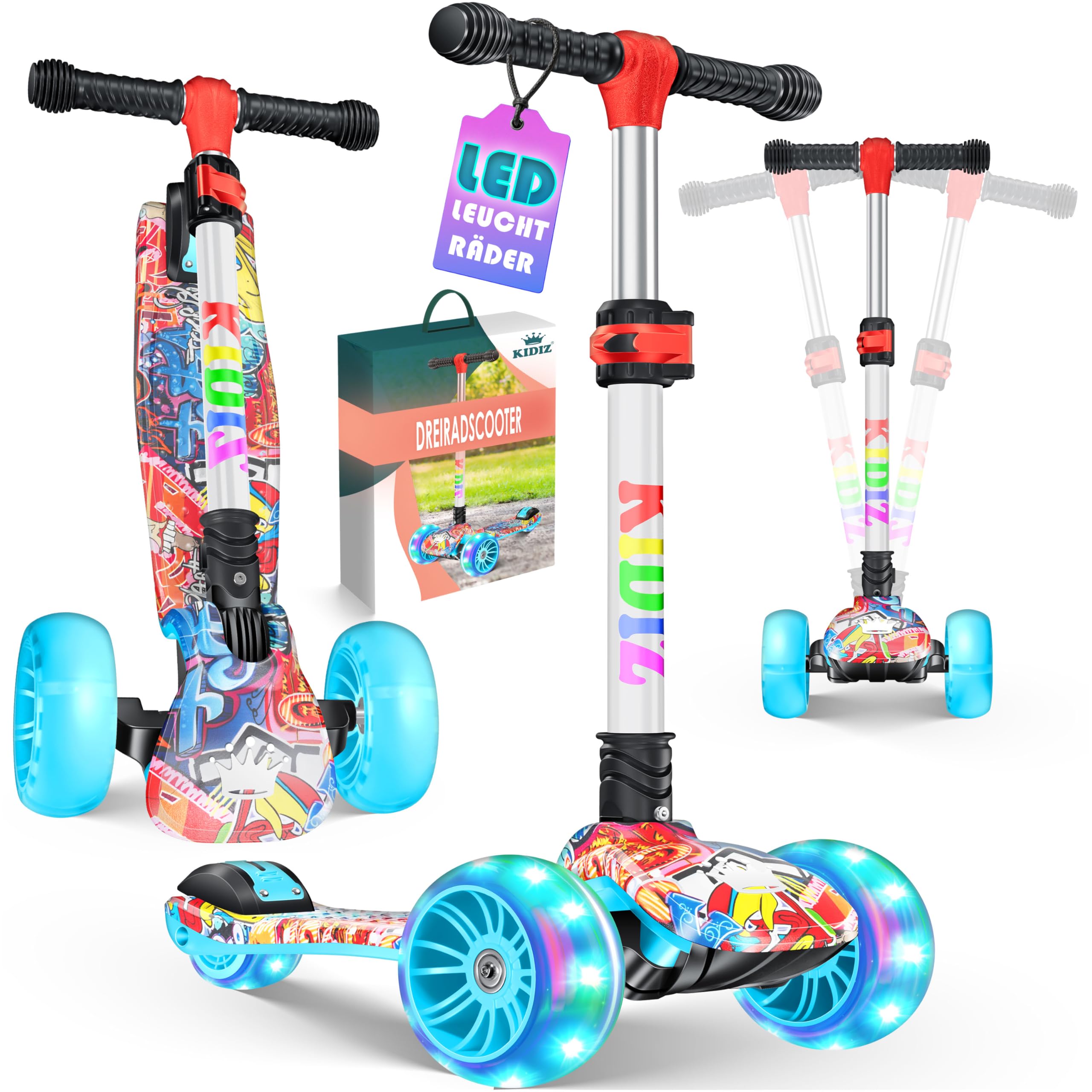 KIDIZ® Roller Kinder Scooter X-Pro2 Dreiradscooter mit PU LED Leuchtenden Räder Kinderroller faltbar Tret-Roller höhenverstellbarer Cityroller Kinderscooter für Jungen Mädchen 3-12 Jahre