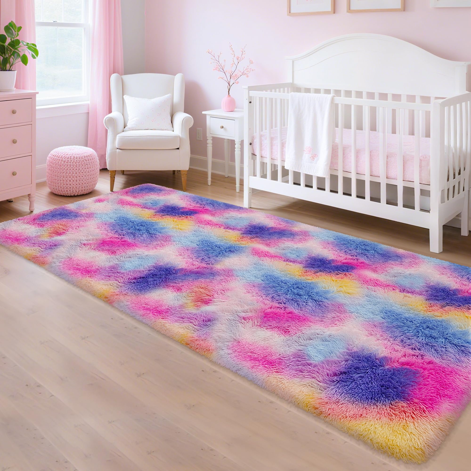 TENNOLA 3x10 Hot Pink Runner Rainbow Rug for Girls Bedroom Bedside, Soft Fluffy Plush Runner Carpet Shag Kids Area Rug for Little Girls Room, Cute
