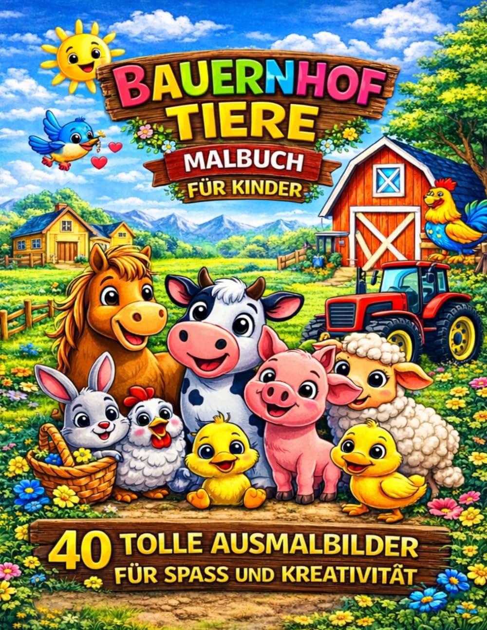 Malbuch für Kinder - Bauernhof Tiere: 40 einfache und niedliche Tiere zum Ausmalen - mit Kühen, Pferden, Schweinen, Hühner und vieles mehr