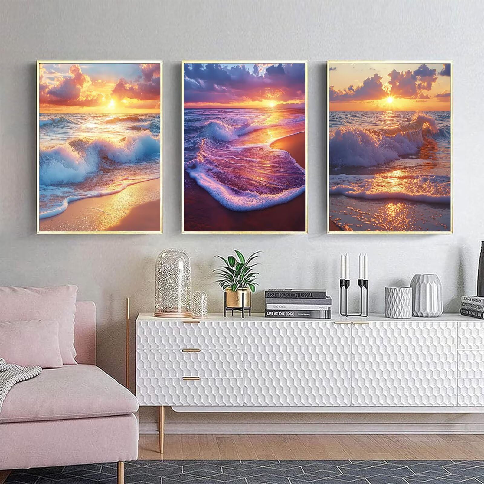 Generico Cnyaunfi 3 Pezzi Tramonto Pittura Diamante Fai-Da-Te 5D Blu Diamond Painting Kit Completo per Hobby Creativi Adulti, Per La Decorazione Della Parete Di Casa 50x70cm YF-3403