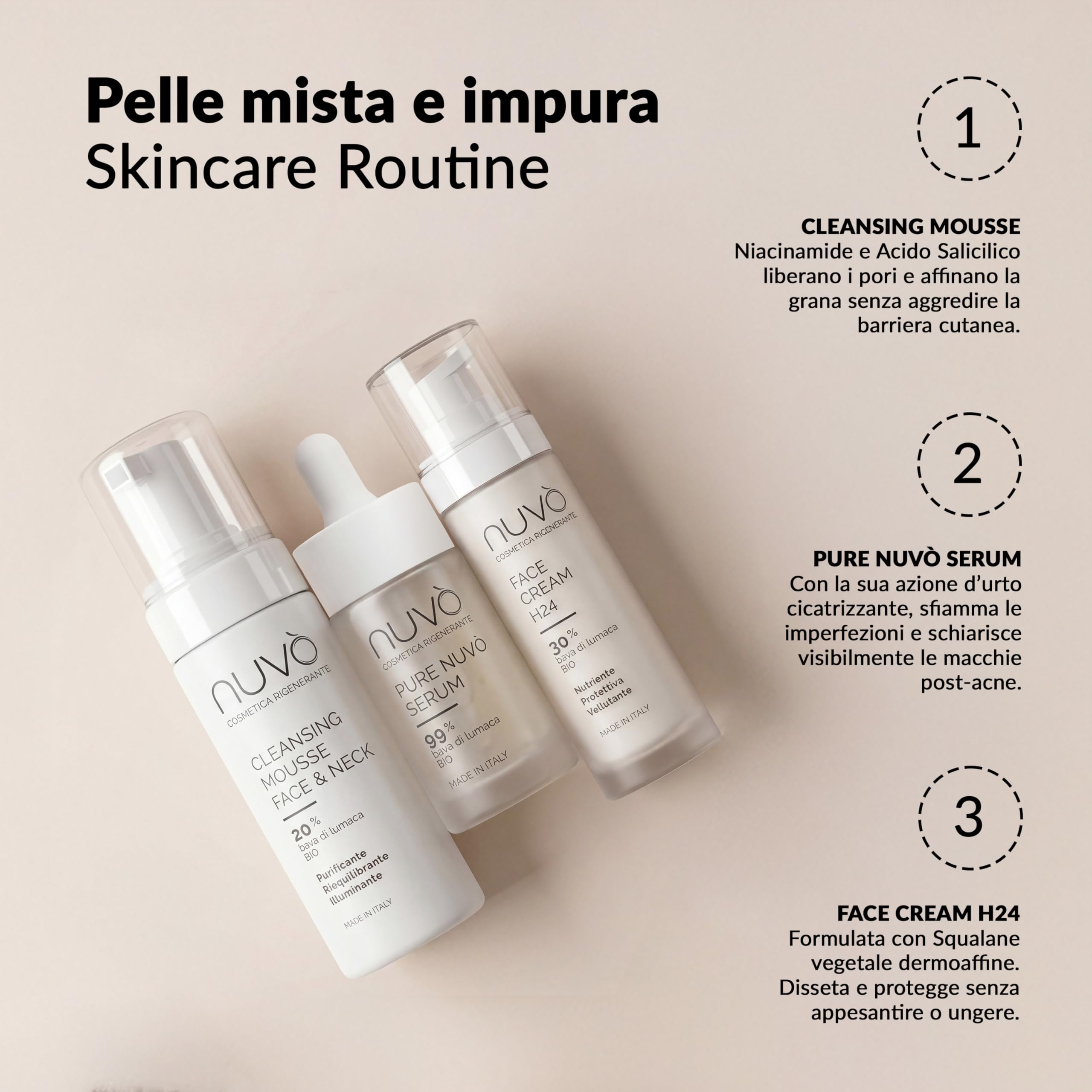 Nuvò – Mousse Detergente Viso alla Bava di Lumaca Bio, 150 ml, Detergente Viso per Pelli Miste con Aloe, Malva e Acido Salicilico, Ideale per Uomo e Donna per Skincare Purificante, Made in Italy