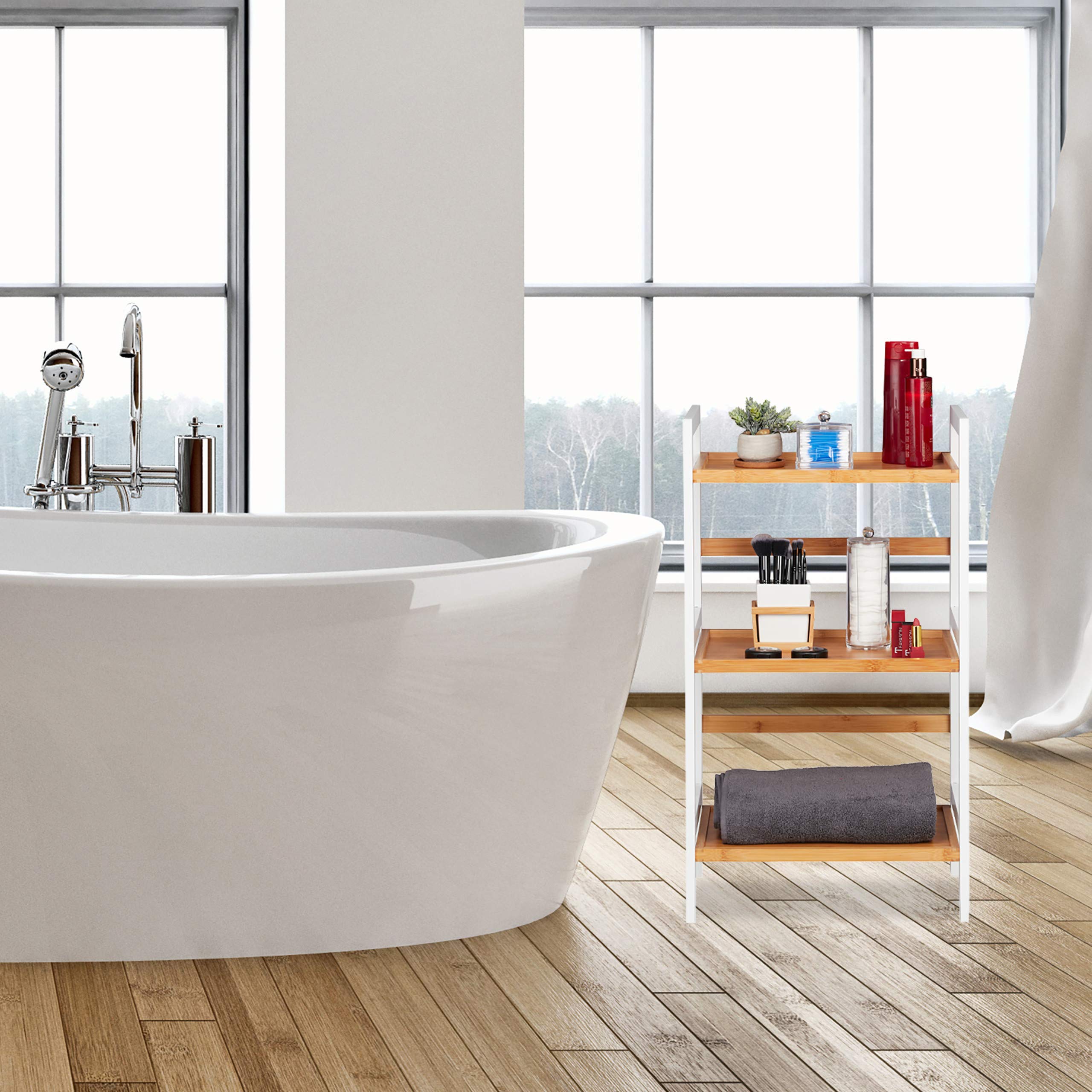 Relaxdays Scaffale da Bagno, Mobiletto per Cosmetici, Asciugamani, Accessori, in Bambù, 80x45x31,5 cm, Bianco Naturale
