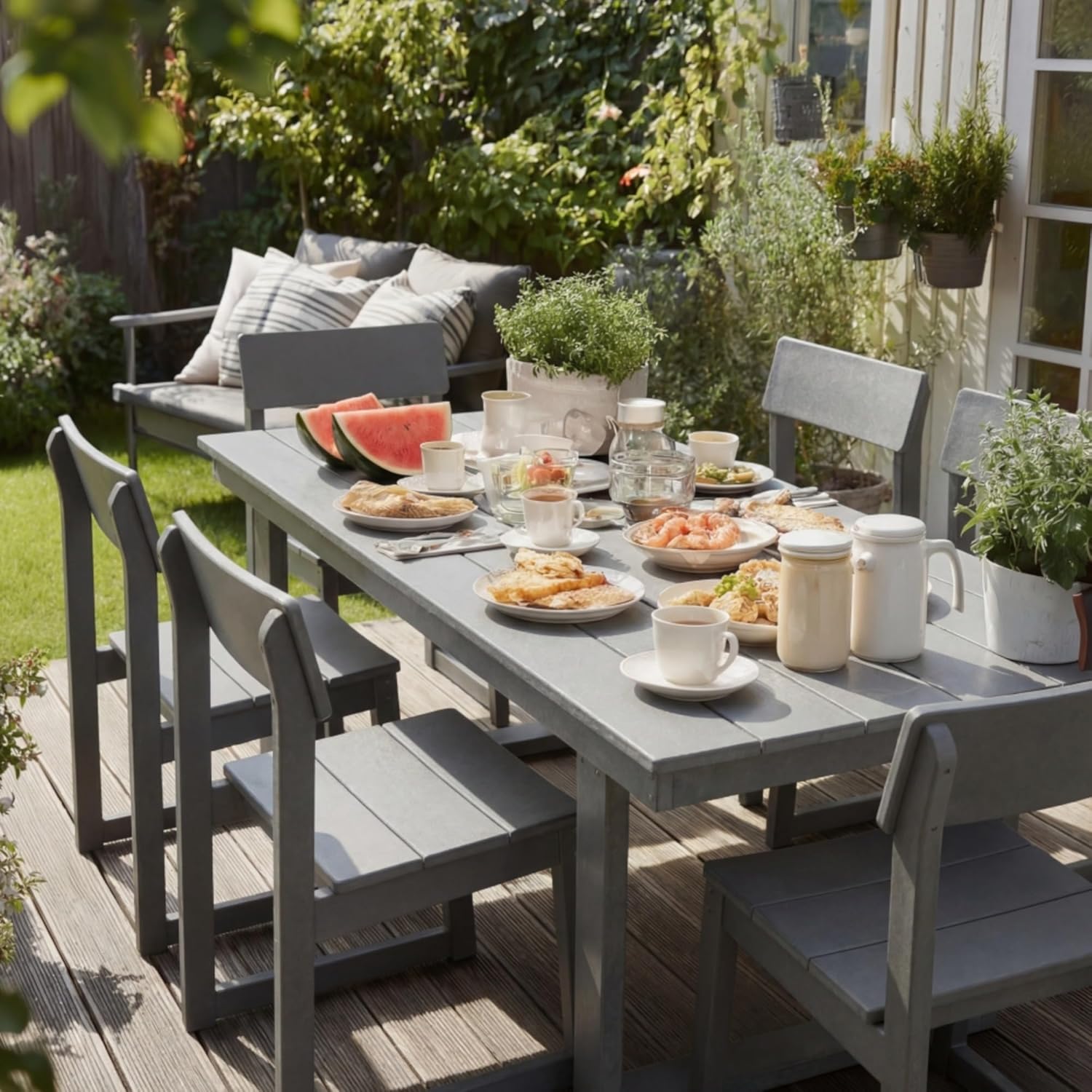 Outdoor Patio Dining Set for 6 Persons, Heavy Duty HDPE Armless Chairs with Contoured Back, Rectangular Table Built-in Umbrella Hole, Weather Resistant Rustproof Furniture for Garden Lawn Poolside