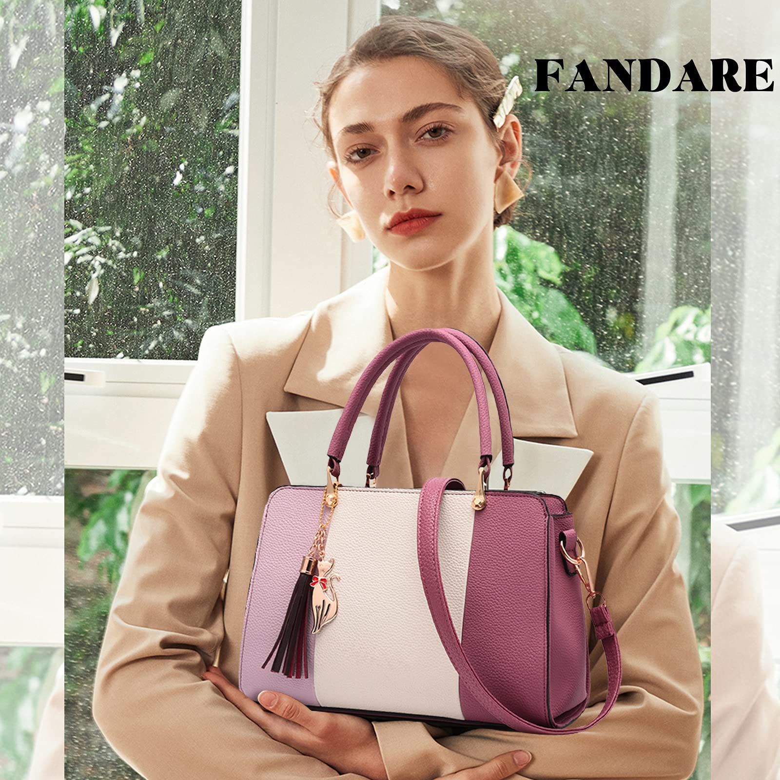 FANDARE Élégant Femme Sac a Main Sacoche avec Pendentif Sacs Cabas Imperméable Cartable pour Achats Fête Voyage Sac D'épaule Rose
