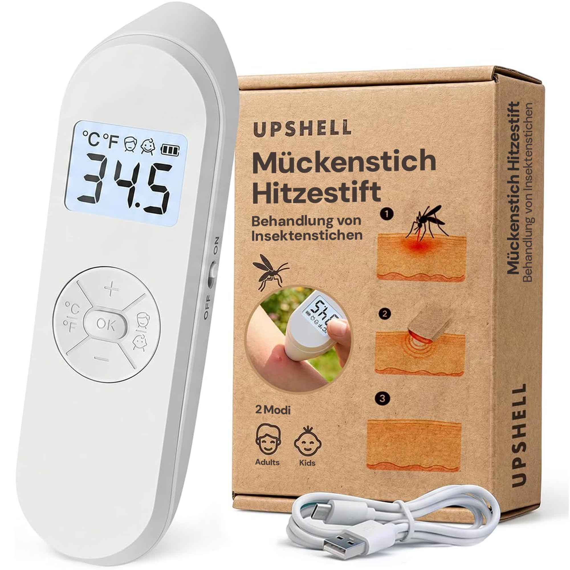 Mückenstich Hitzestift - Elektrischer Insektenstichheiler gegen Mücken- & Insektenstiche, LCD-Display, 30-55°C, USB-C, Kinder & Erwachsene