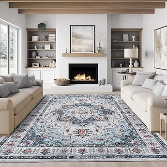 Rugland 8x10 Area Rugs - Stain Resistant Washable Rug, Anti Slip Backing Rugs for Living Room, Vintage Tribal Area Rugs (TPR11-Blue, 8'x10')