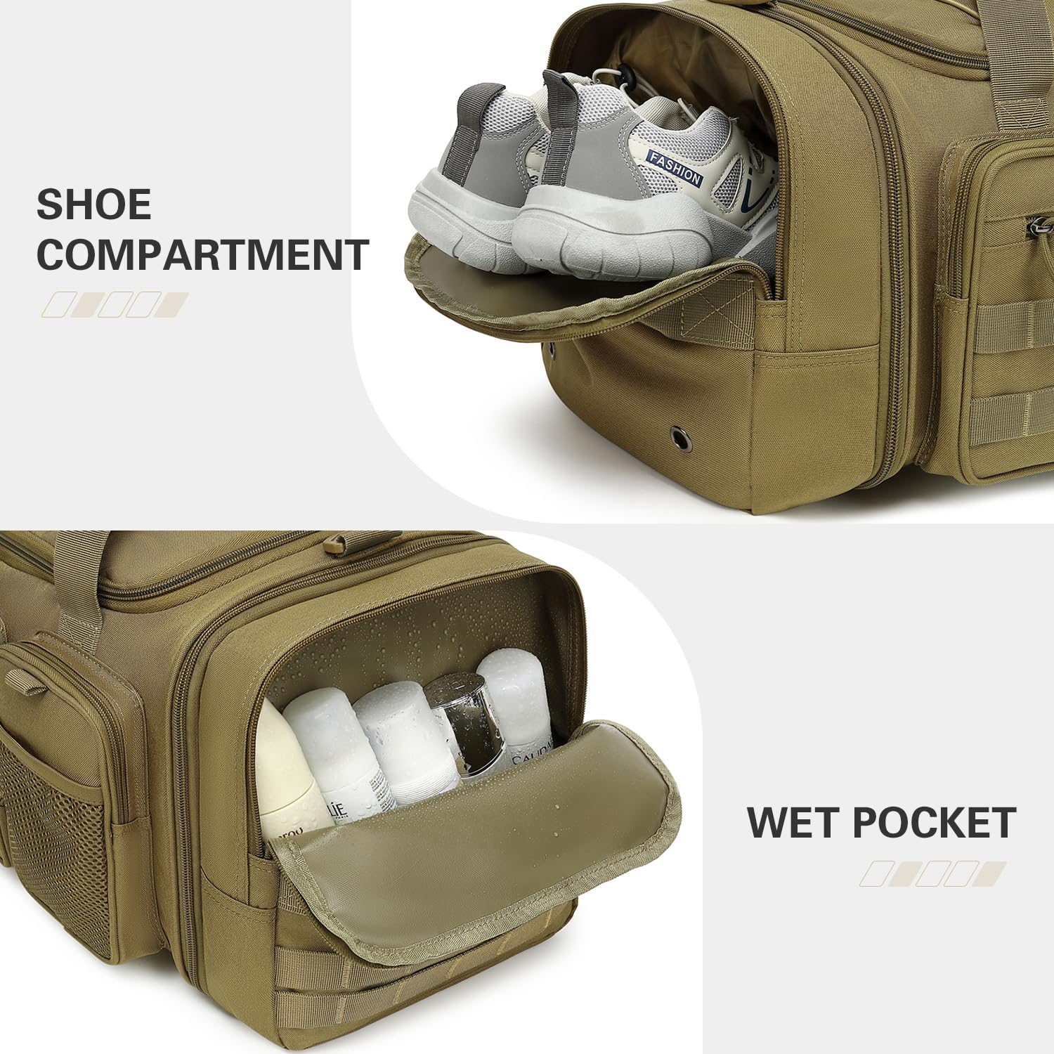 Bolsa de Viaje Táctica Expandible 40-45L Bolsa Deporte Hombre con Compartimento Zapatos y Bolsillo húmedo Bolsas Gimnasio con Función Mochila para Fin De Semana, Viajes, Marrón