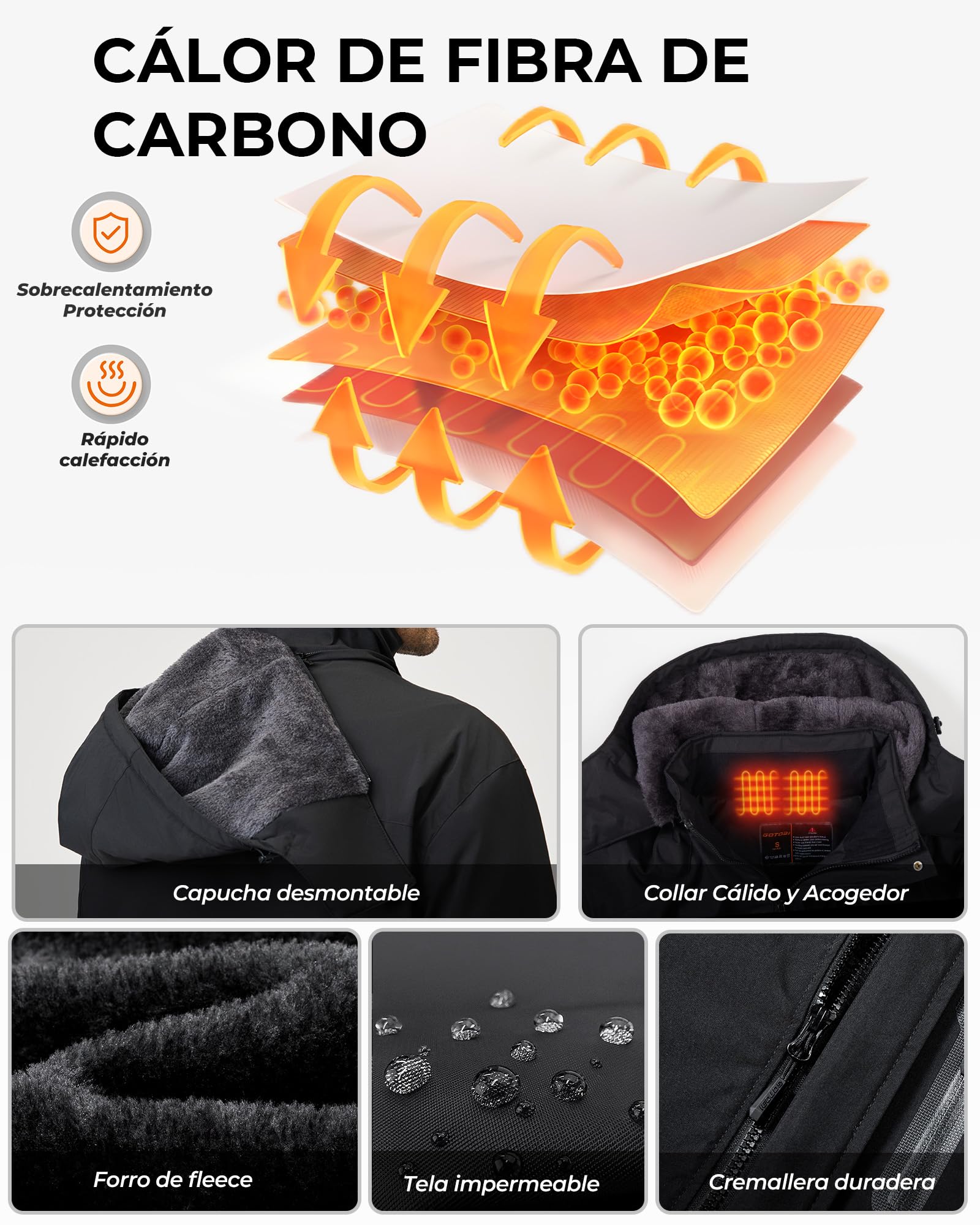 Chaqueta Calefactable Hombre 12V 18400mAh 8 Zonas Calentamiento 3 Niveles Temperatura Capucha Extraíble Negro XL