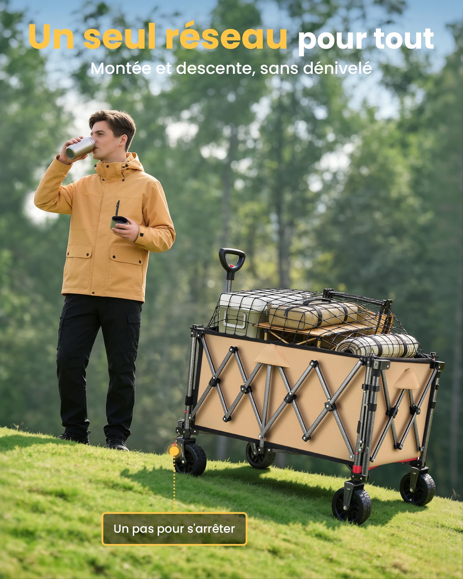 YEAUPE PRO Chariot Pliable 220L 200KG, Roues Larges Tout-Terrain, Kaki | Porte Arrière Rabattable pour Objets Longs, Chariot de Plage Léger 10.5KG pour Jardin, Camping, Courses & Événements Sportifs