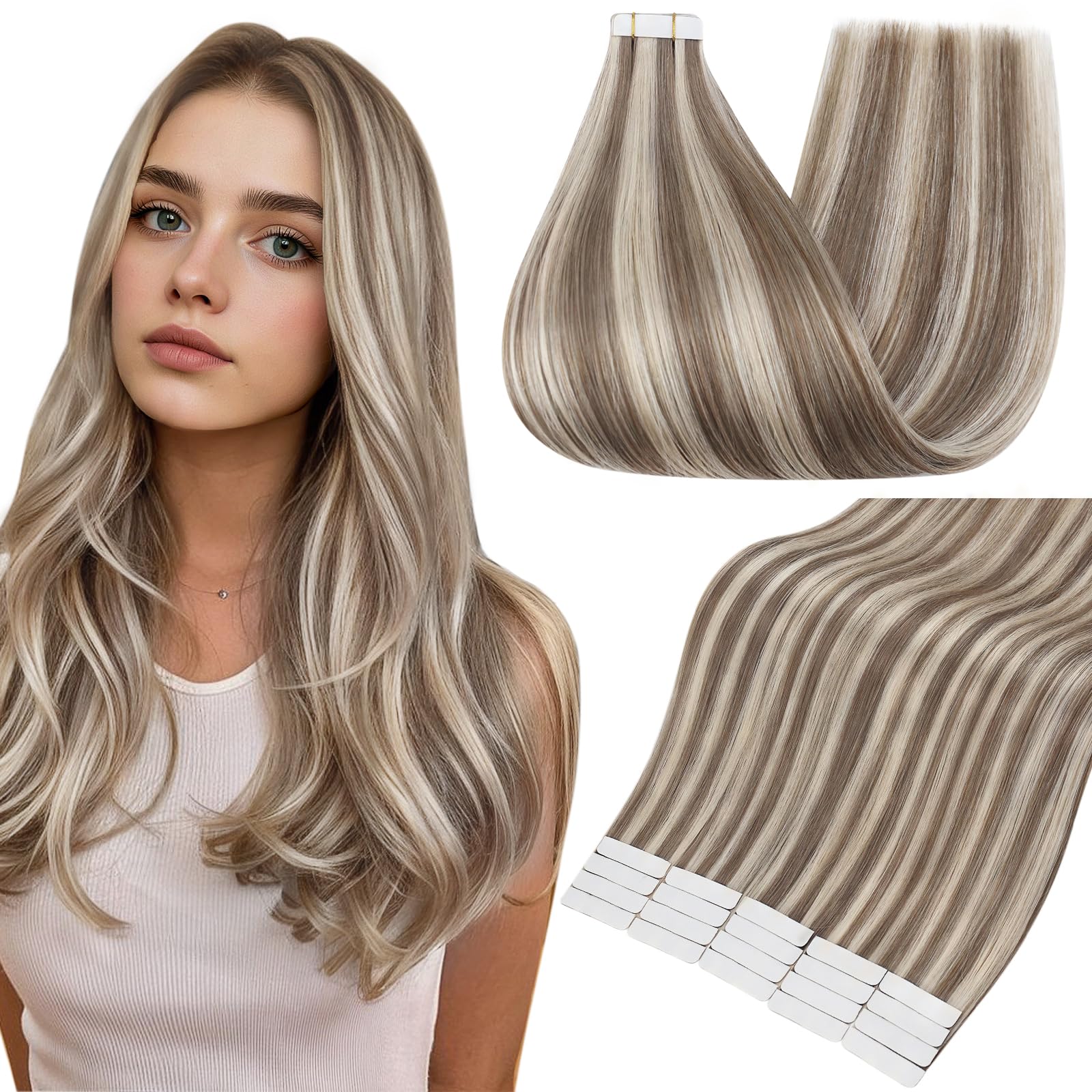 Full Shine Tape in Hair Extensions 20Inch Remy Tape in Extensions Color 8 Ash Brown Highlighted 60 Platinum Blonde Natural Human Hair Extensions Tape