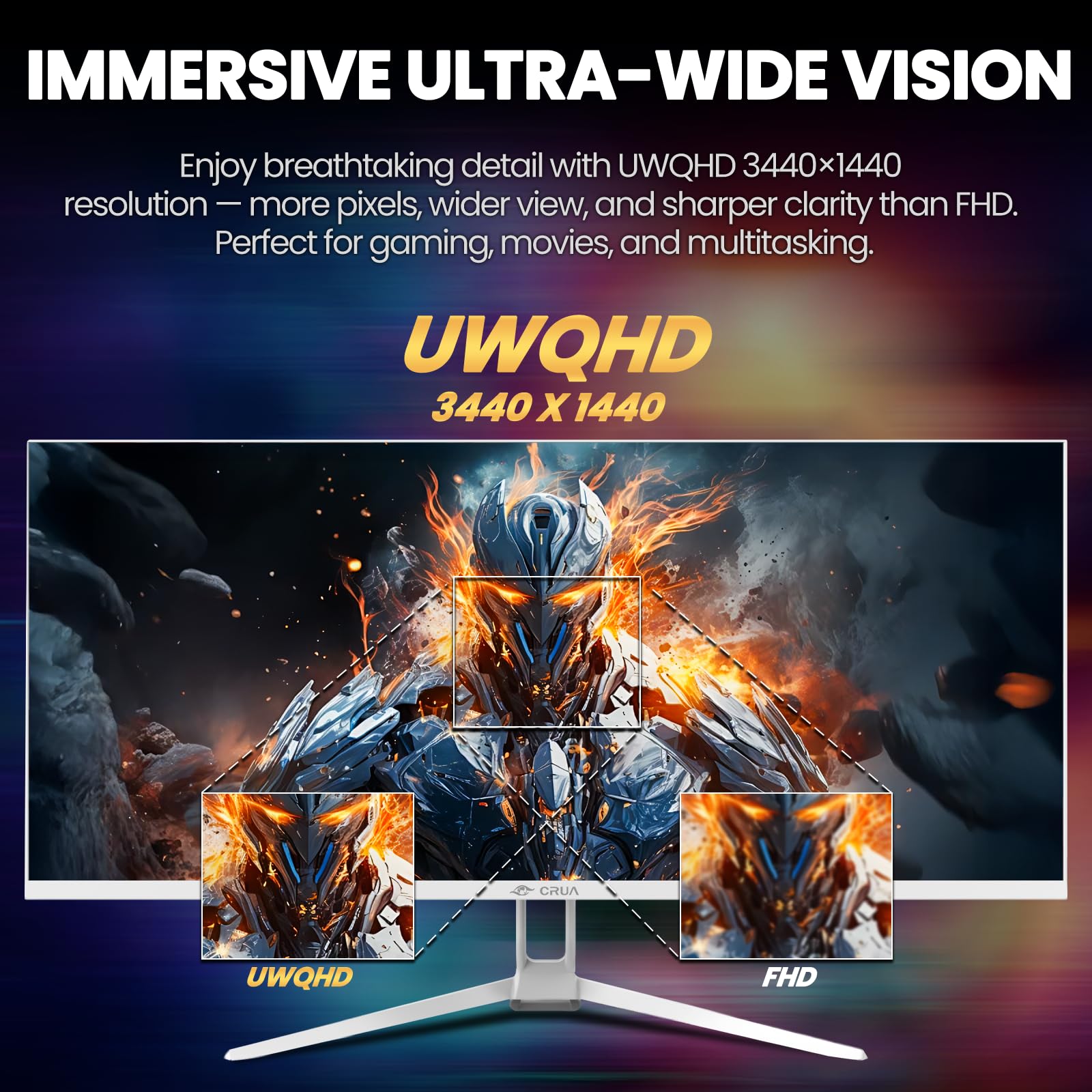 CRUA Monitor da gioco bianco da 34 pollici, 165 Hz/144 Hz, WQHD (3440 x 1440p), schermo ultra ampio IPS con altoparlanti integrati, supporta FreeSync, 120% sRGB, HDMI 2.0 e DP
