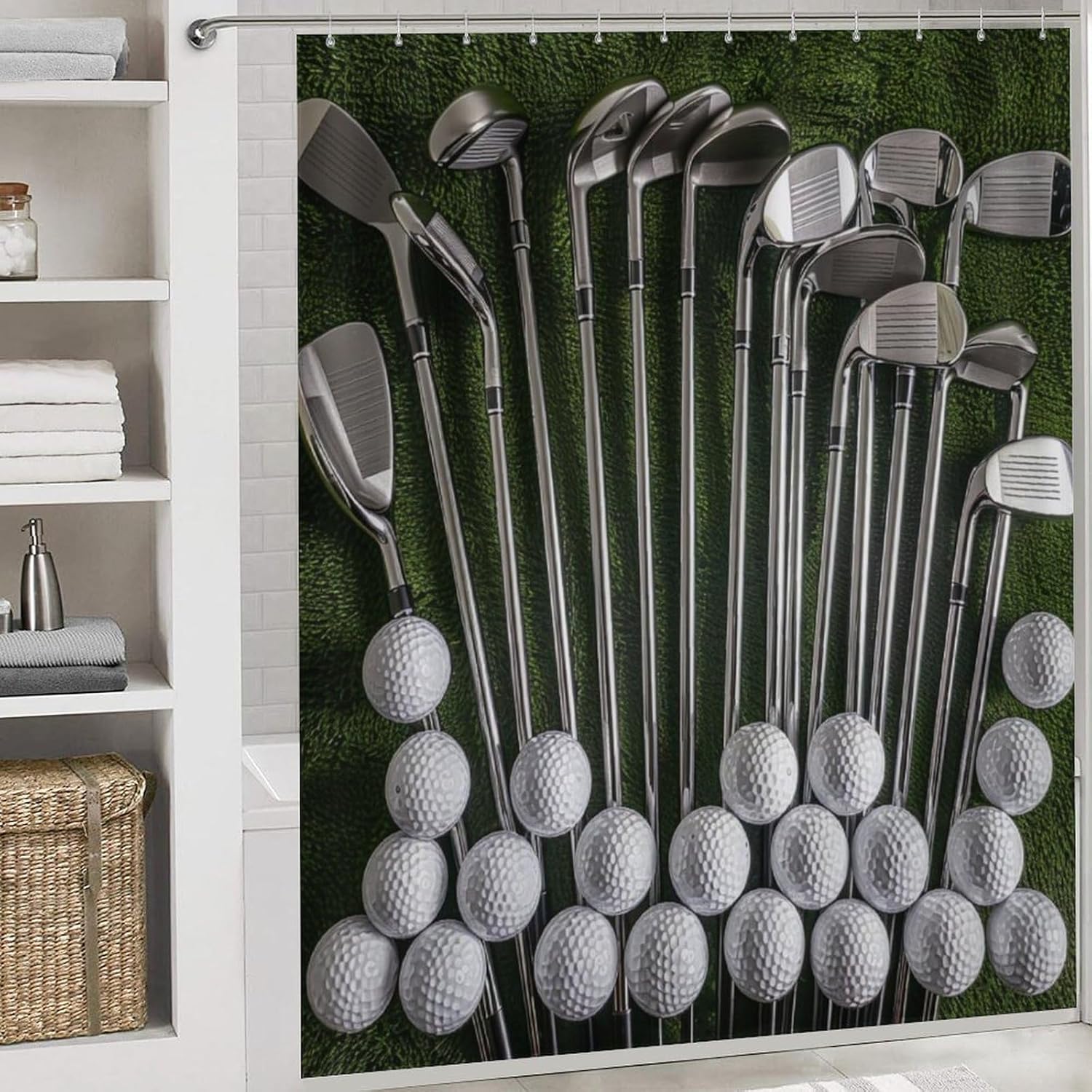 4Pcs Traditional Golf Sport Shower Curtain Sets Bathroom Decor, Modern Classic Golf Ball Shower Curtain with Non Slip Rug, Toilet Lid Cover, Bath Mat and 12 Hooks 72W x 72L