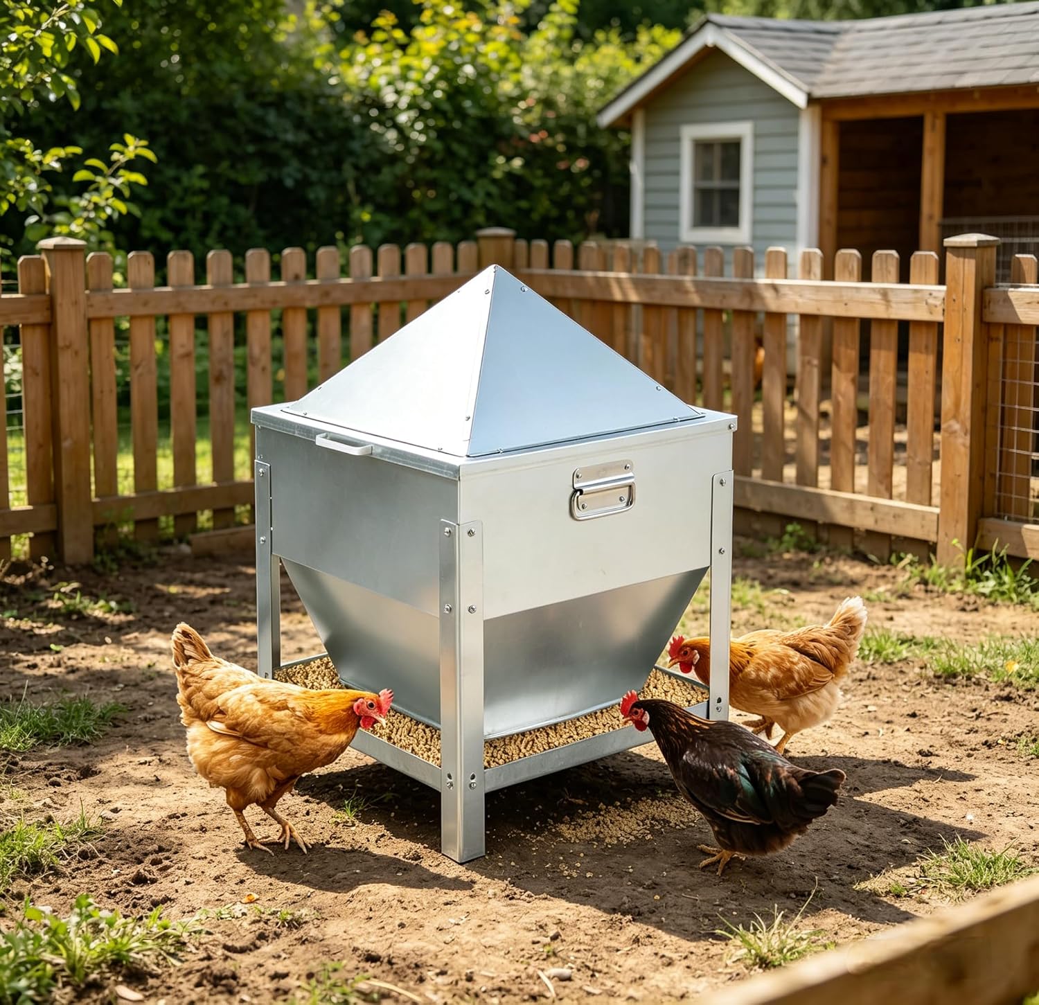 Automatic Chicken Feeder 80LBS, Galvanized Metal Gravity Feeder with 4-Sided Troughs, Waterproof Locking Lid, No Waste Poultry Feeder for Backyard Coops, Free-Range & Small Farms