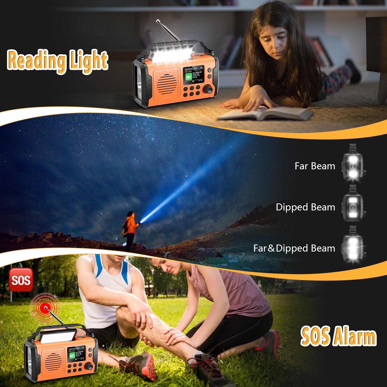 Radio a manovella da 20000 mAh con Bluetooth, radio DAB/FM, torcia elettrica e luce da lettura, caricatore USB per cellulare, allarme SOS, scheda TF, AUX IN, radio di emergenza portatile per campeggio