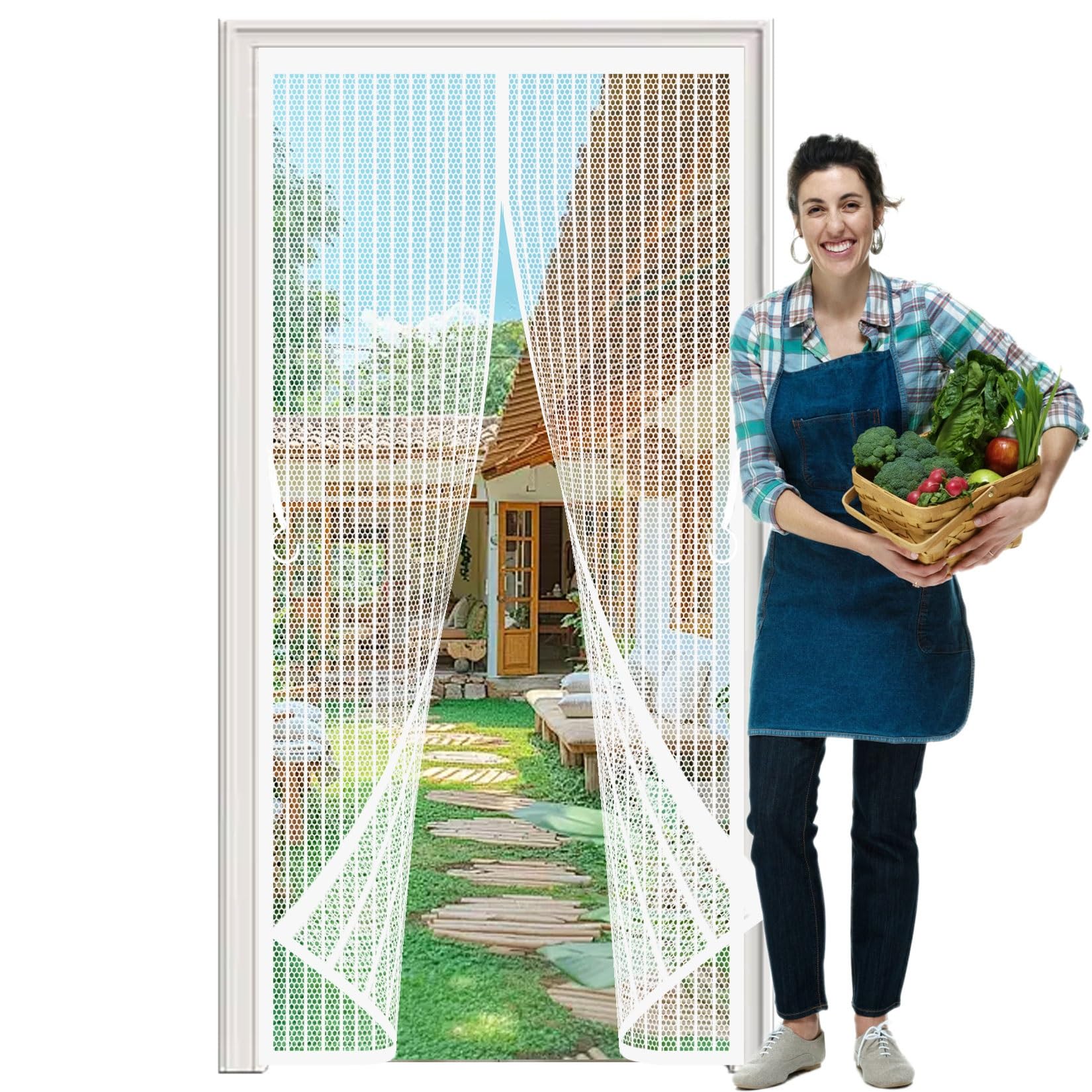 Mosquito Door Screen 101 x 148 cm Full Frame Magic Tape, Powerful Magnets Door Fly Screen, Patio Curtain Insect Mesh Without Drilling, Heavy Duty for Keeping Out Flies, White