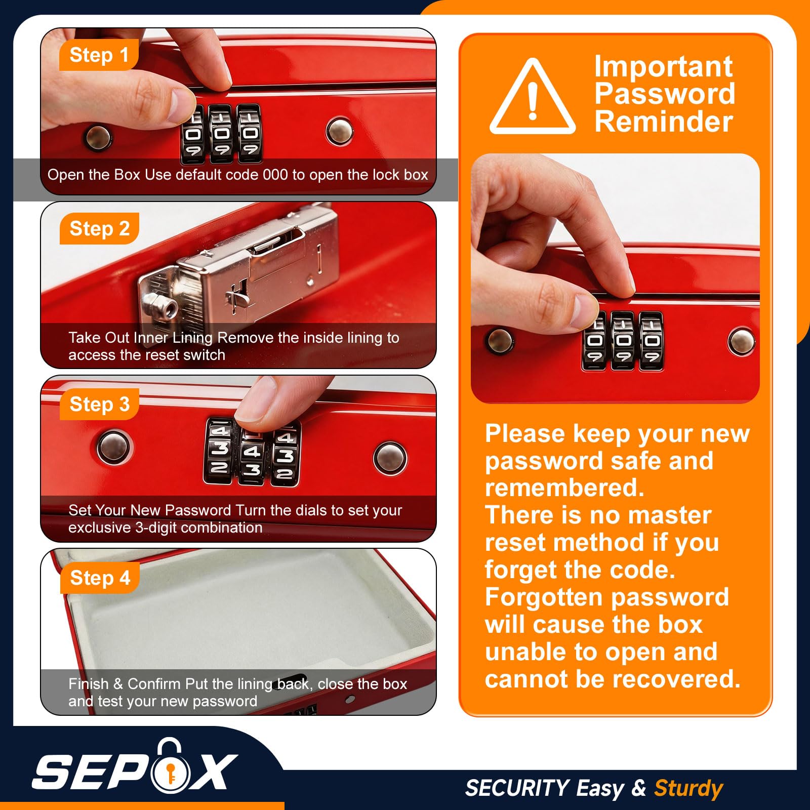 SEPOX® Twins - Cassetta di sicurezza portatile in acciaio, per piccoli oggetti, con cavo da 9 m e serratura a combinazione richiudibile, per dormitorio, auto, sport, ufficio (rosso)