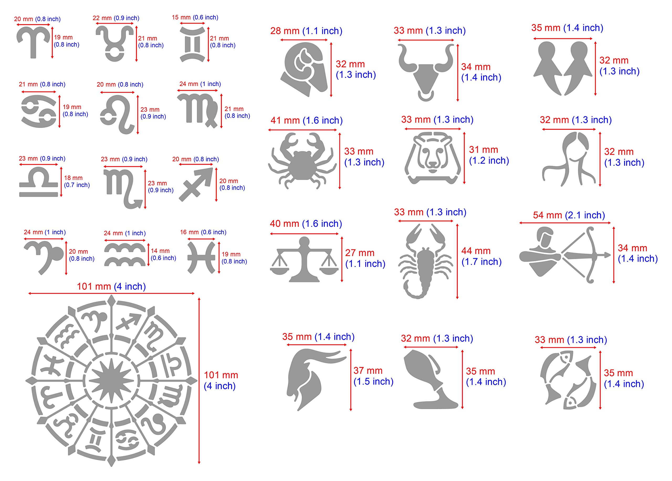 Aleks Melnyk No.122 Modello di Stencil in Metallo, Simboli Zodiacali 1,2 Pollici, Astrologico, Astrologia, Oroscopo, Modello per la Combustione del Legno, Artigianato