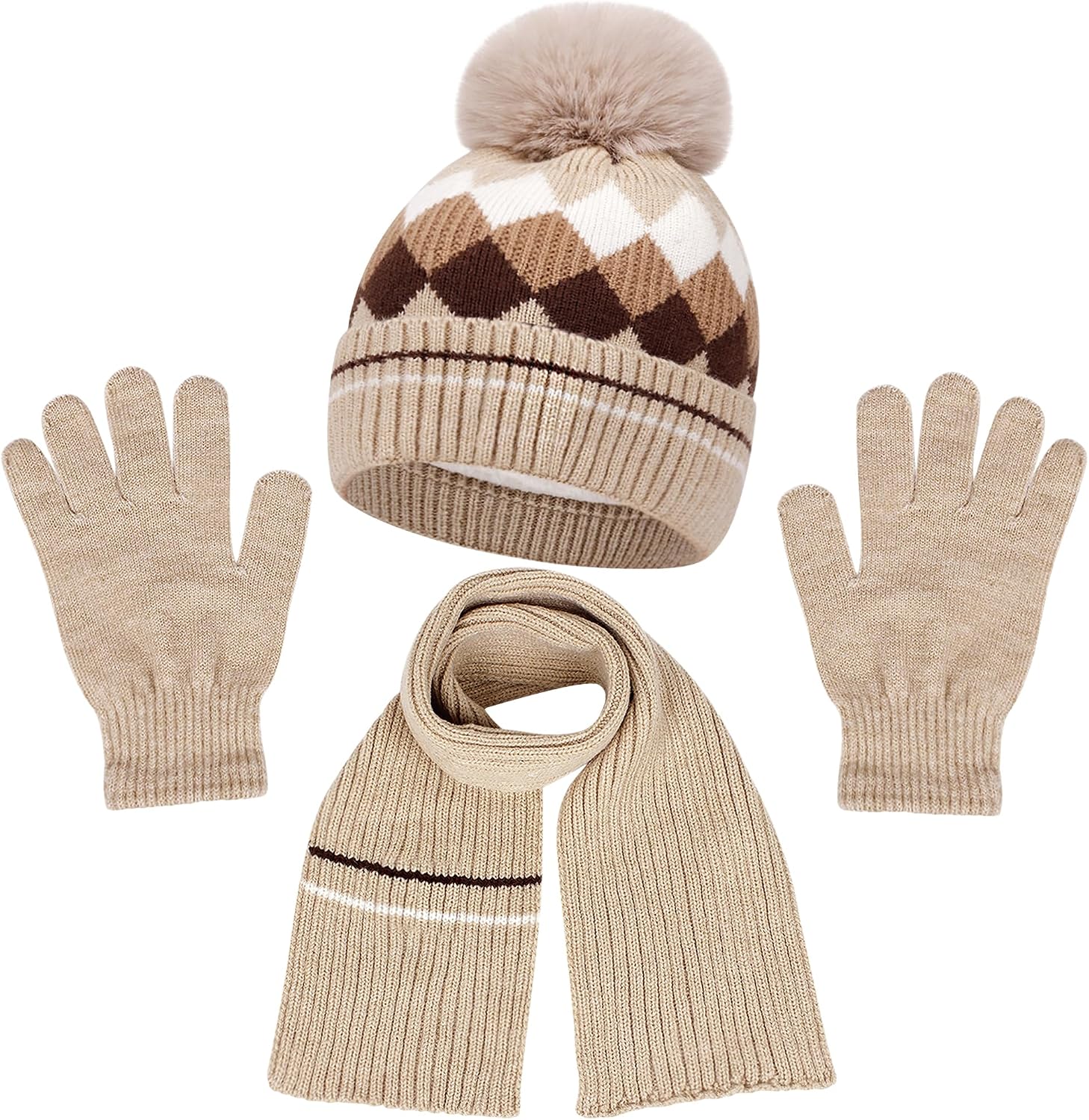 Winter Beanie Hat Scarf Gloves Set for Boys Girls, Kids Toddlers Knitting Neck Warmer Hat Cap Scarf Gloves for Kids Age 1-8