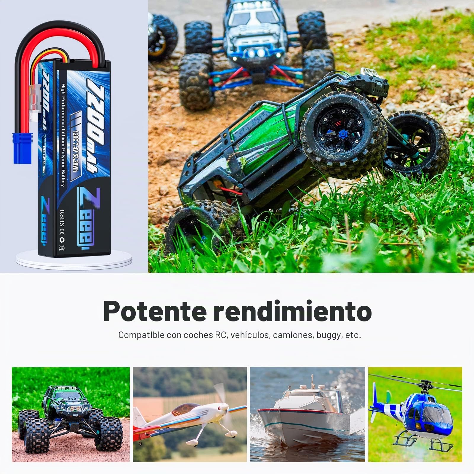 Zeee 2S Lipo 7200mAh 7.4V 120C con Enchufe EC5 Batería RC Hardcase(2 pcs)